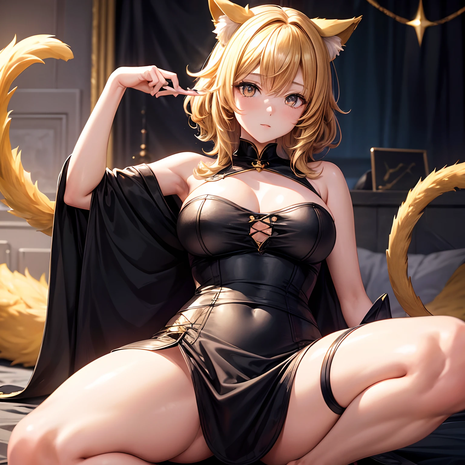 (Obra maestra), anime, (Foto_(Medio):1.0), 1girl, short curly dirty blond hair, golden eyes, wearing black mage clothes, with cat ears and tail, 8k, high res, ultrasharp