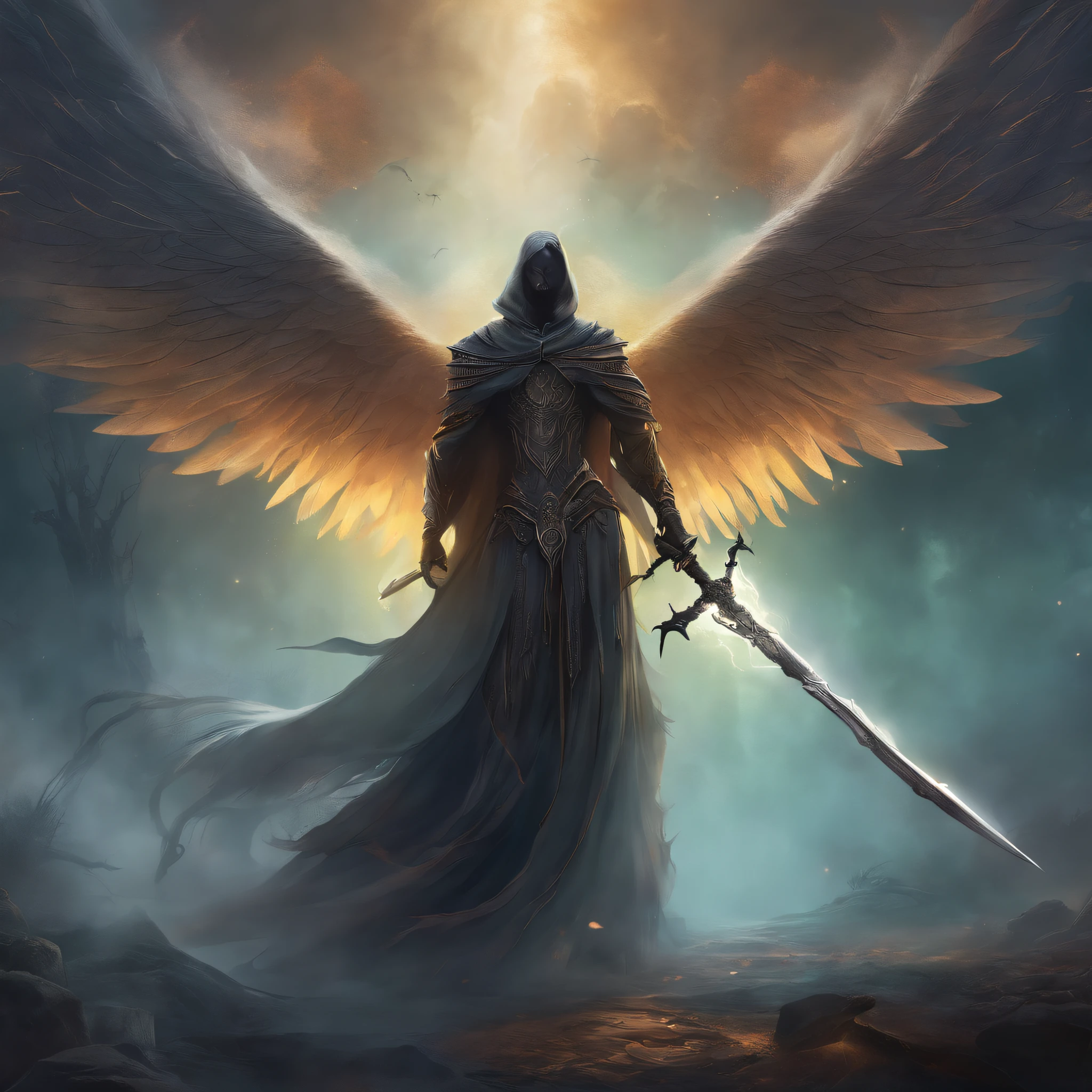 (best quality,4k,8k,highres,masterpiece:1.2),ultra-detailed,(realistic,photorealistic,photo-realistic:1.37),70s dark fantasy art,illustration of an angel of death with his scythe,dramatic lighting,intense emotions,sinister atmosphere,detailed feathers,ethereal and mystical presence,majestic wings,powerful and imposing figure,mysterious fog,intricate details in the angel's armor,ethereal and ghostly figures in the distance,hauntingly melancholic ambiance