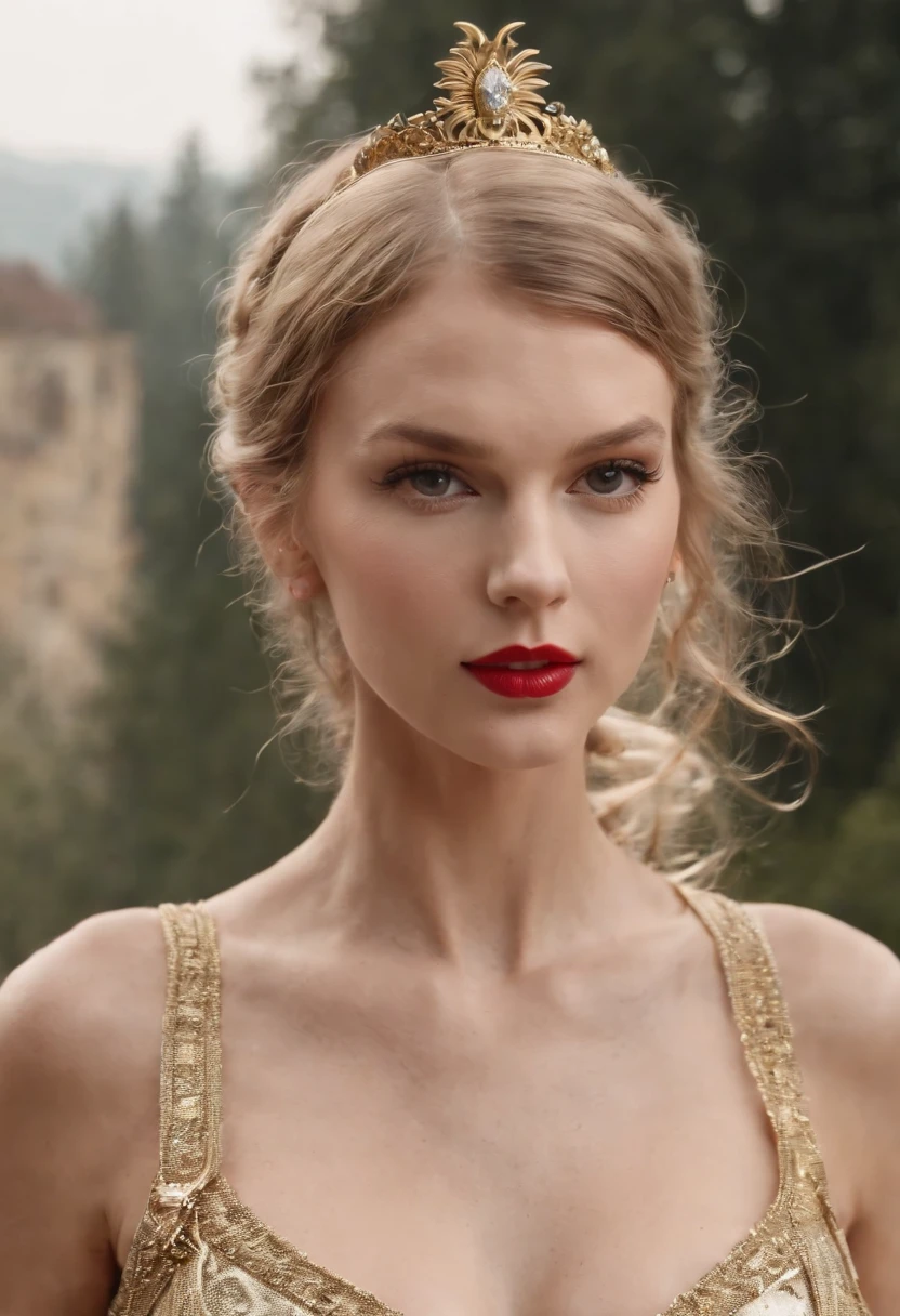 Germanic Queen Saint Mary of Nazareth Taylor Swift, zoom close body, German flag, big bust, golden chain necklace, golden cross pendant, big golden hoop earrings. Completely naked