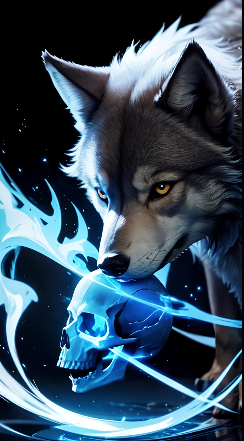 A small tender-eyed wolf playing with a skull with blue flames behind him on a white background
