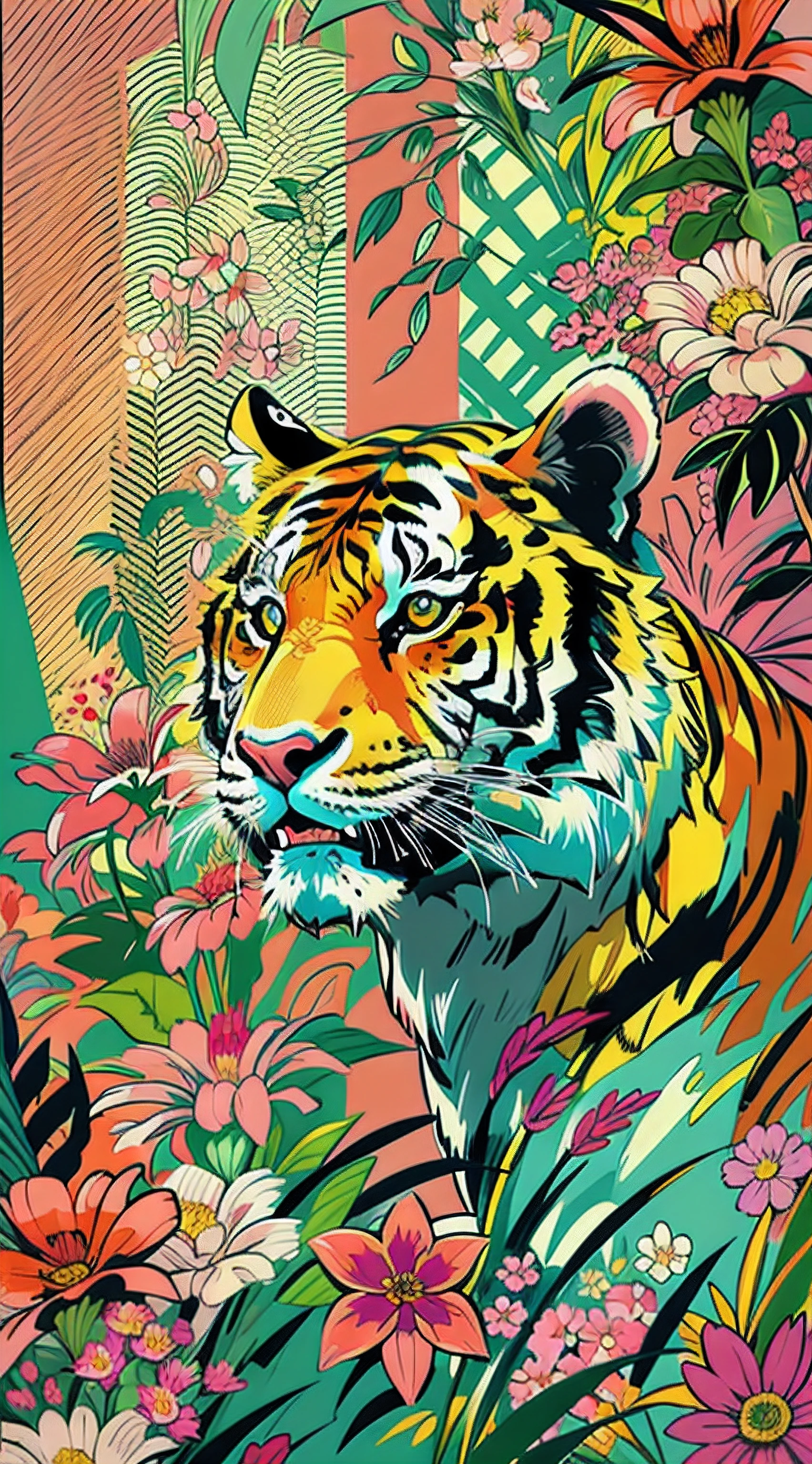 Create digital artwork in the Pop Art style, Featuring a vibrant tiger,street fashion, Movie color scheme, Surrounded by vintage flower motifs, Vibrant brushstrokes,Emotions should be dynamic, Upper body, Drawing, illustration, escala cinza, tropical, Many flowers,