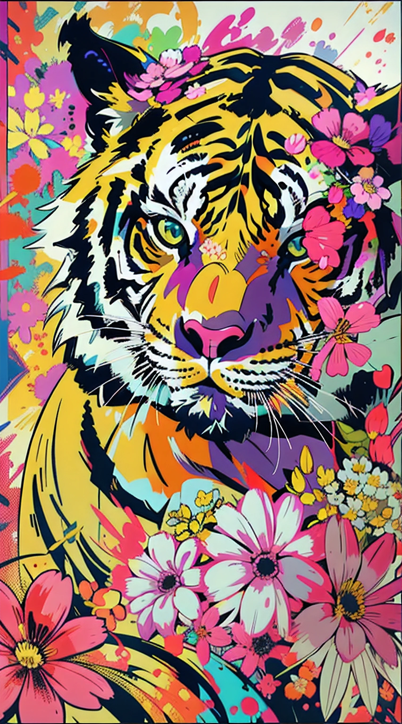 Create digital artwork in the Pop Art style, Featuring a vibrant tiger，street fashion, Movie color scheme, Surrounded by vintage flower motifs, Vibrant brushstrokes,Emotions should be dynamic, Upper body, Drawing, illustration, escala cinza, tropical, Many flowers,