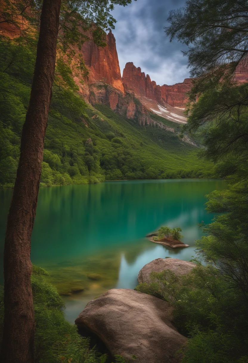paisagem com um fundo e um lago cheio de dinossauros