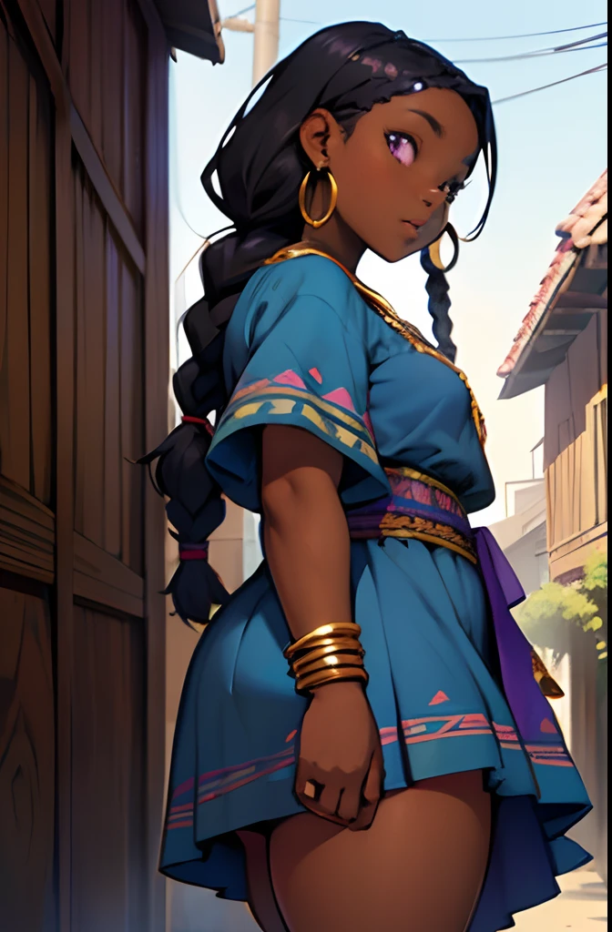 short black woman. very very dark skin. wide nose. very thick lips. chubby. thick legs. small chest. purple eyes. braided hair. sweet. innocent. blue tribal dress. gold jewelry