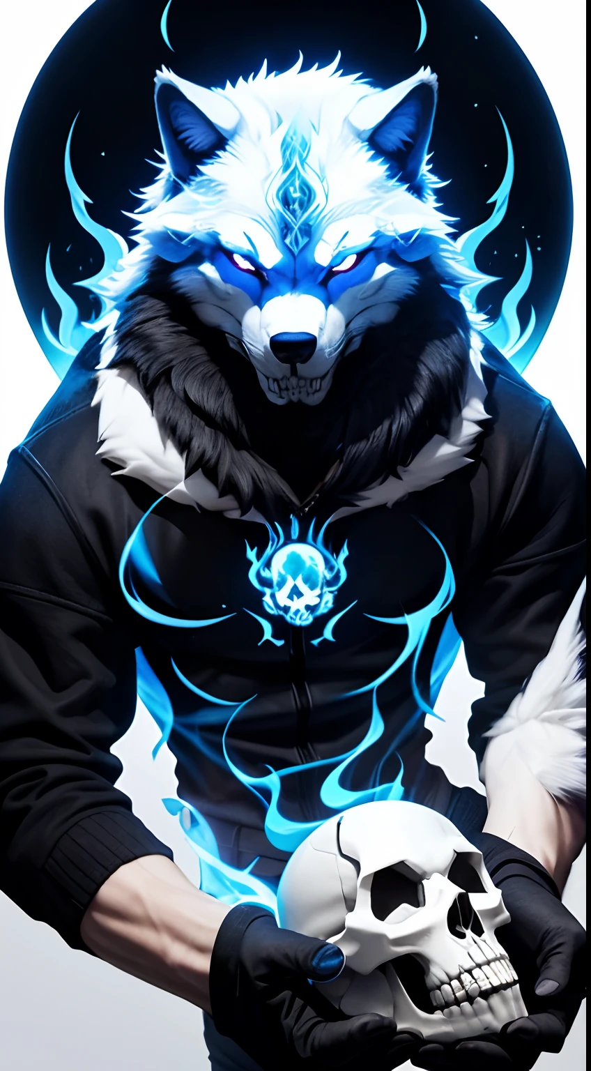 A small tender-eyed wolf playing with a skull with blue flames behind him on a white background