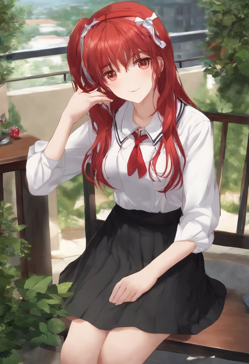 masterpiece, best quality, 1girl, solo, tohno akiha, red hair, long hair, white shirt, serafuku, school uniform, hairband,