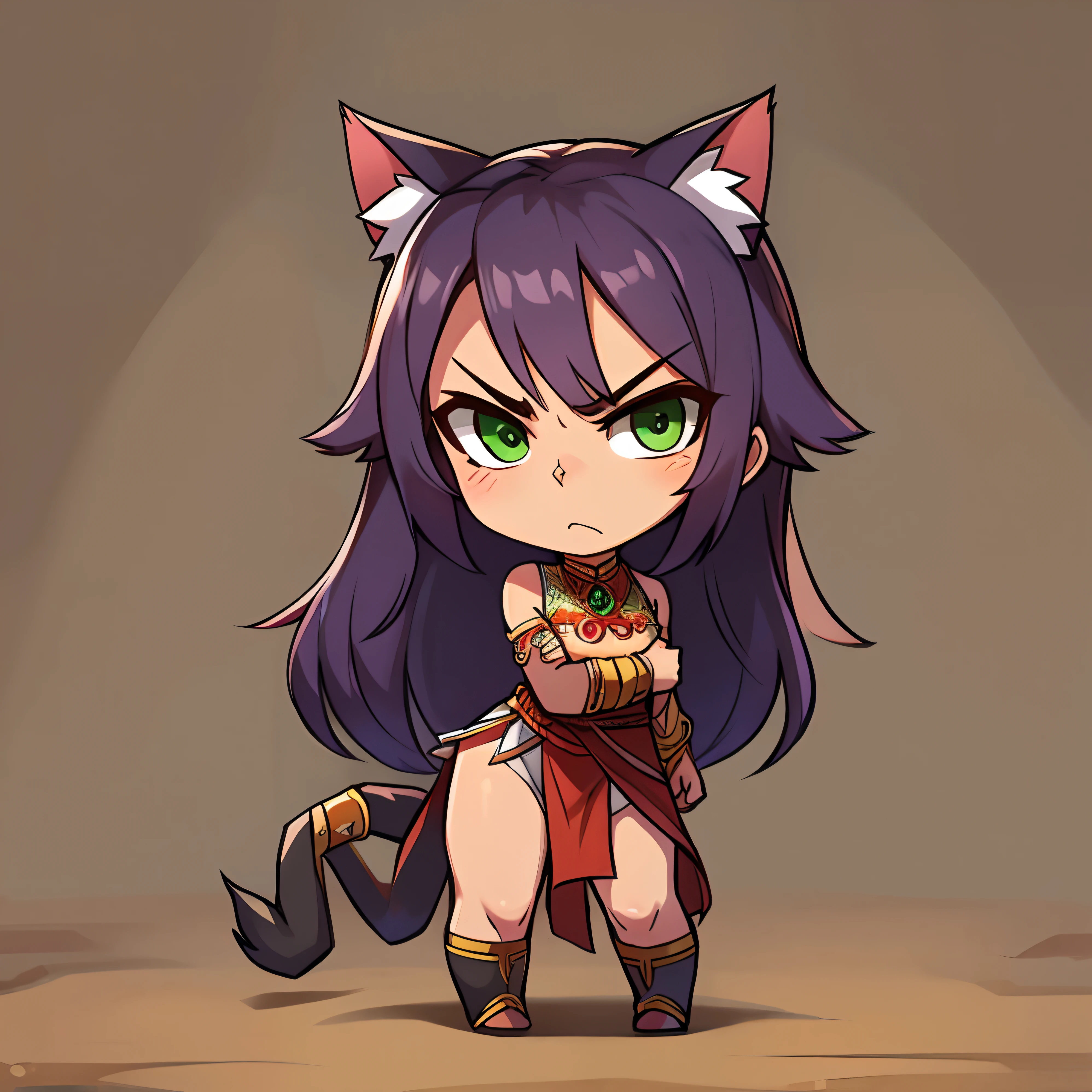 Cat ears, purple long hair, green eyes, indonesian traditional outfit, tsundere, chibi, human nose, fullbody