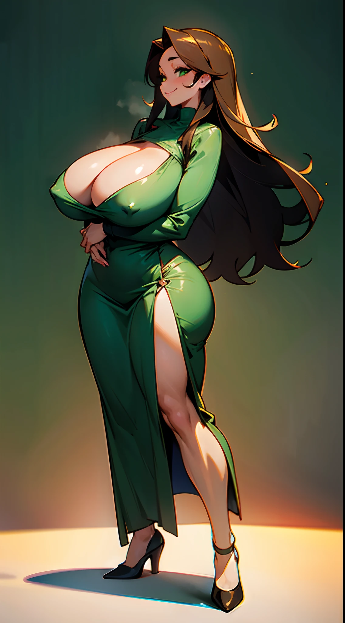 Front view, full body, 1woman, very curvy, huge breasts, massive ass, mature, smiling, long brown straight hair, green eyes, sexy dark green dress, slit on the left side, dark brown skin, pretty face, seductive, slutty, gigantic breasts!!!!, top heavy, overweight, chubby, ginormous breasts!!!!, expanding breasts, out of proportion breasts, worlds biggest breasts in the world