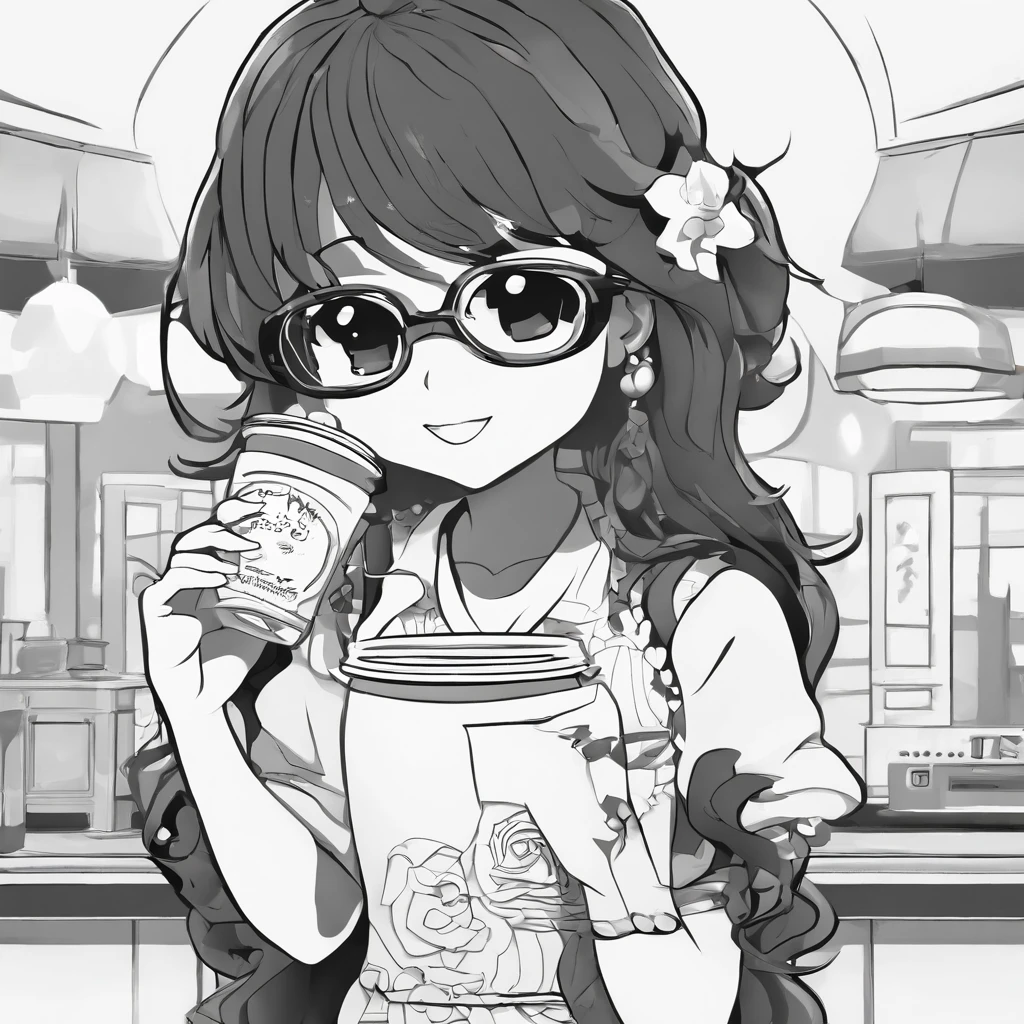 1girl, loli, chibi, simple background, white background, full body, denim shorts, white tshirt, sunglasses in head, holding a cup of milkshake, black hair, straight hair, swept bangs,