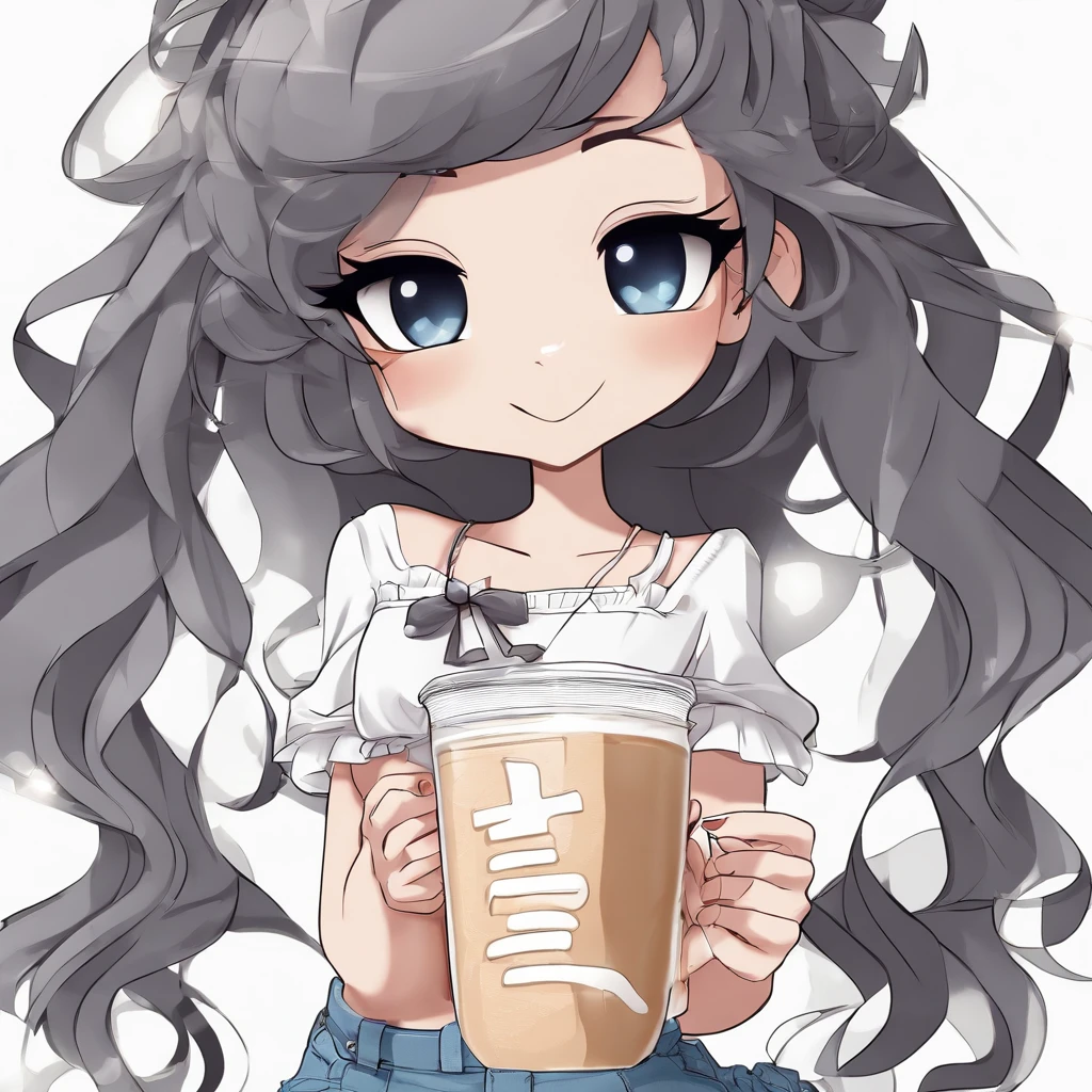 1girl, li, chibi, simple background, white background, full body, denim shorts, white tshirt, sunglasses in head, holding a cup of milkshake, black hair, straight hair, swept bangs,