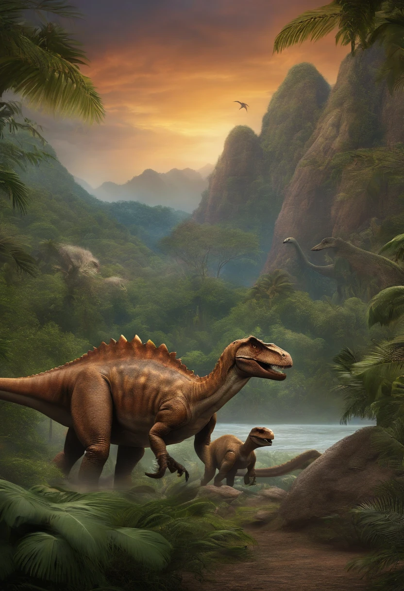 (Best quality,4K,A high resolution,Masterpiece:1.2),Ultra-detailed,(Realistic,Photorealistic,photo-realistic:1.37),Multiple prehistoric creatures,Beautiful natural landscape,(The background is a forest in the distance:1.5),A wide variety of trees,Lively sky, A thriving forest,Endless ocean, tyrannosarus rex,tyrannosarus rex+Other small animals,glowworm,Warm color tones