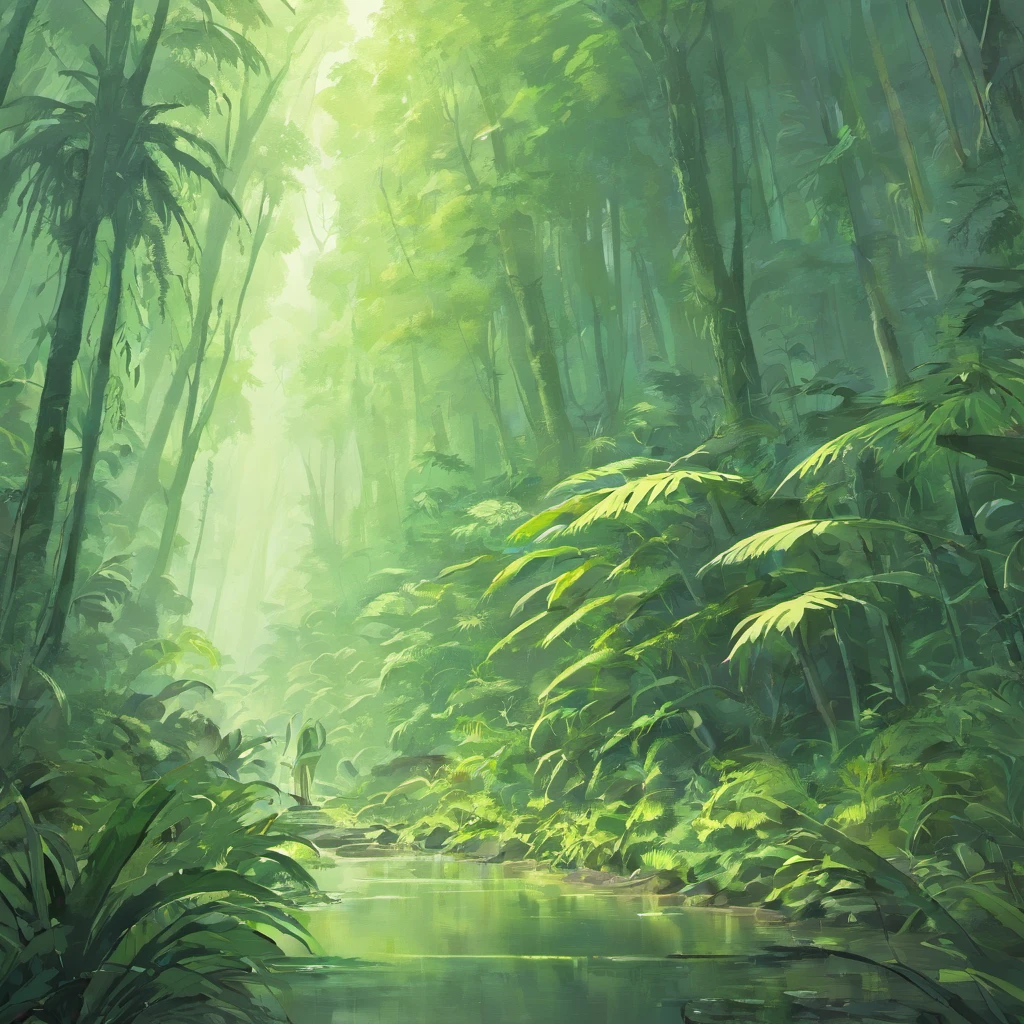 A swamp shrouded in mist, Ancient ferns and towering cycads.
