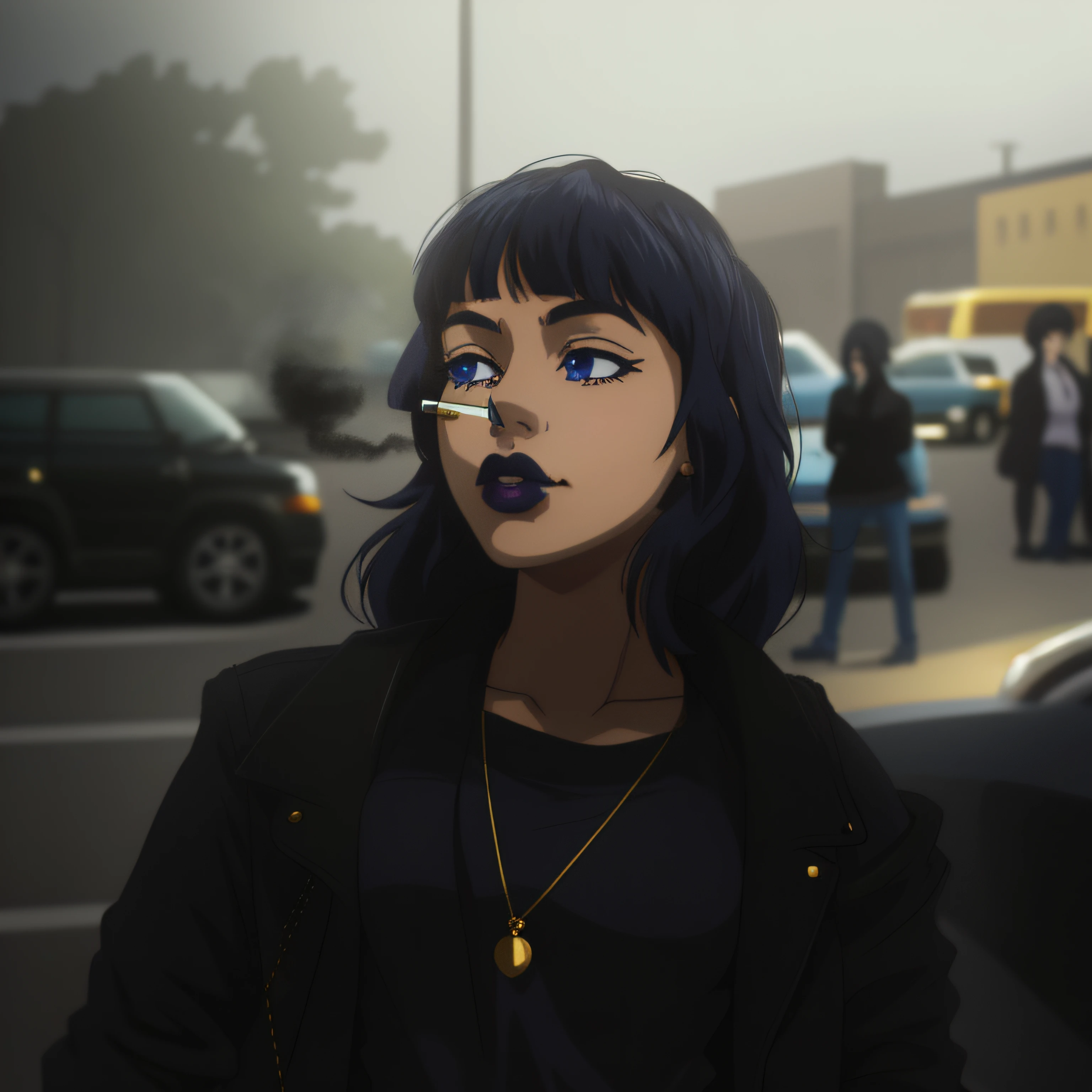 there is a woman with a cigarette in her nose (1girl) (solo) shoulders up portrait GameGirl , (medium black hairl) , Drawn by Naohiro Shintani, 80's anime style. flat colors, no shading, (flat chest), small waist, blue eyes, goth, black lipstick, black leather jacket, gray undershirt, blue denim jeans, black leather gloves, gold necklace, smoking cigarette.
