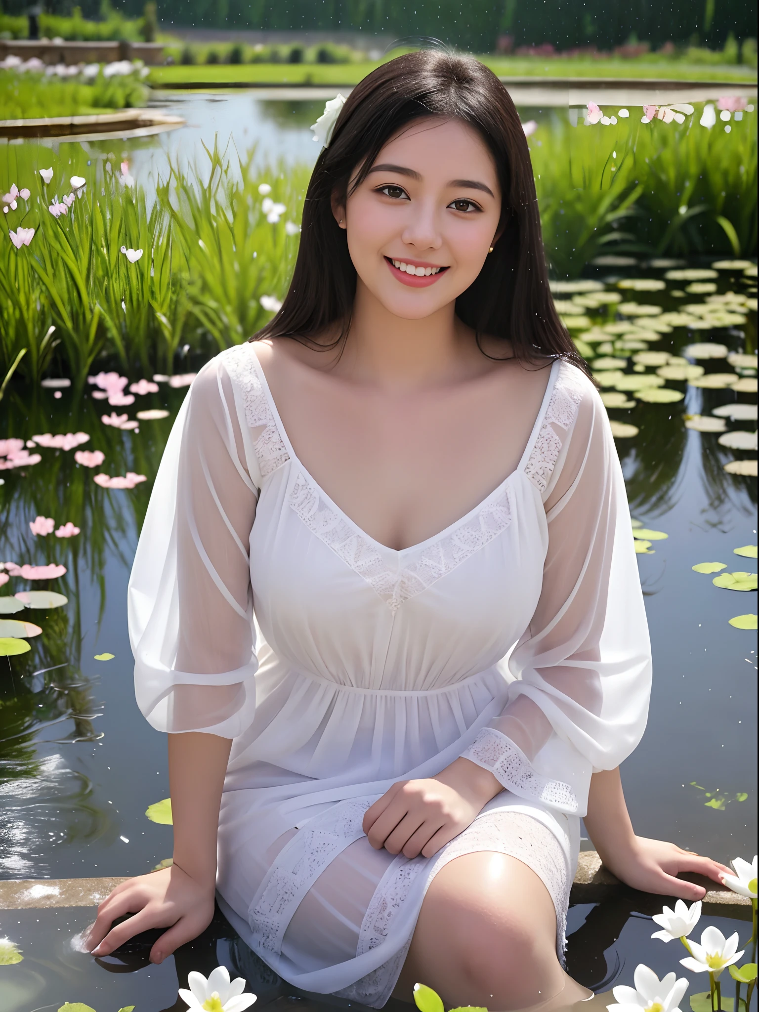 Style photo，hyper realistic，1 fille，grosse poitrine，With a mother's smile, Detailed face, Wear sheer white clothing，Deep V gros seins, Meticulous uper，High quality, Symbolizes peace and relaxation. Des fleurs dans les mains, The background is a pond with heavy rains, Light particles.