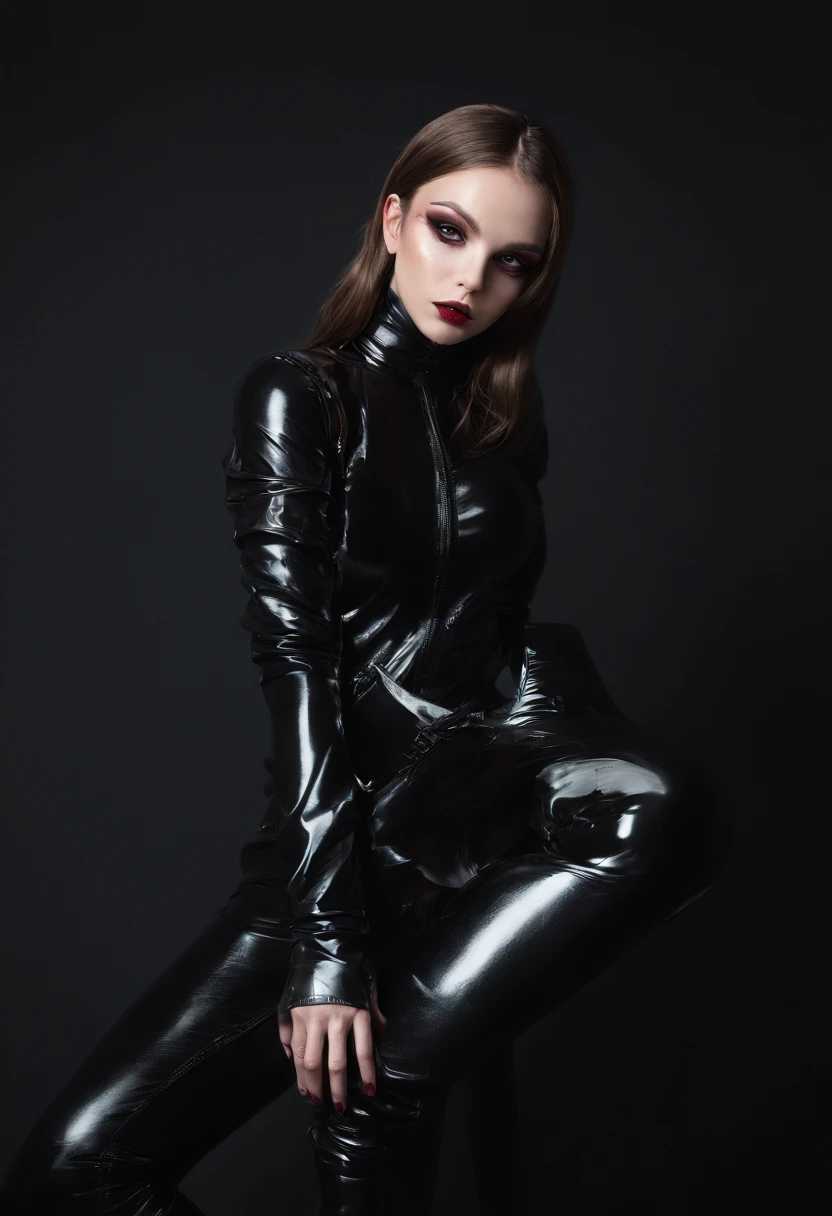 Woman dressed in full latex suit posing for a photo in a dark studio, fetish fashion, darksynth aesthetic, horror fashion, bizarre fashion, ultra detailed, masterpiece.