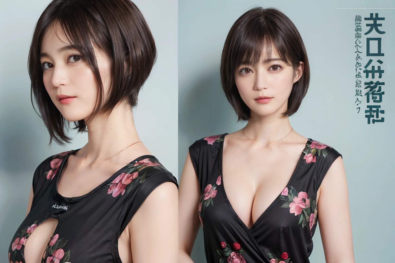60
(a 20 yo woman,is standing), (A hyper-realistic), (masutepiece), ((A dark-haired、short-hair:1.3)), (Breast), Gentle expression, (Clothing printed with wild animal characters)