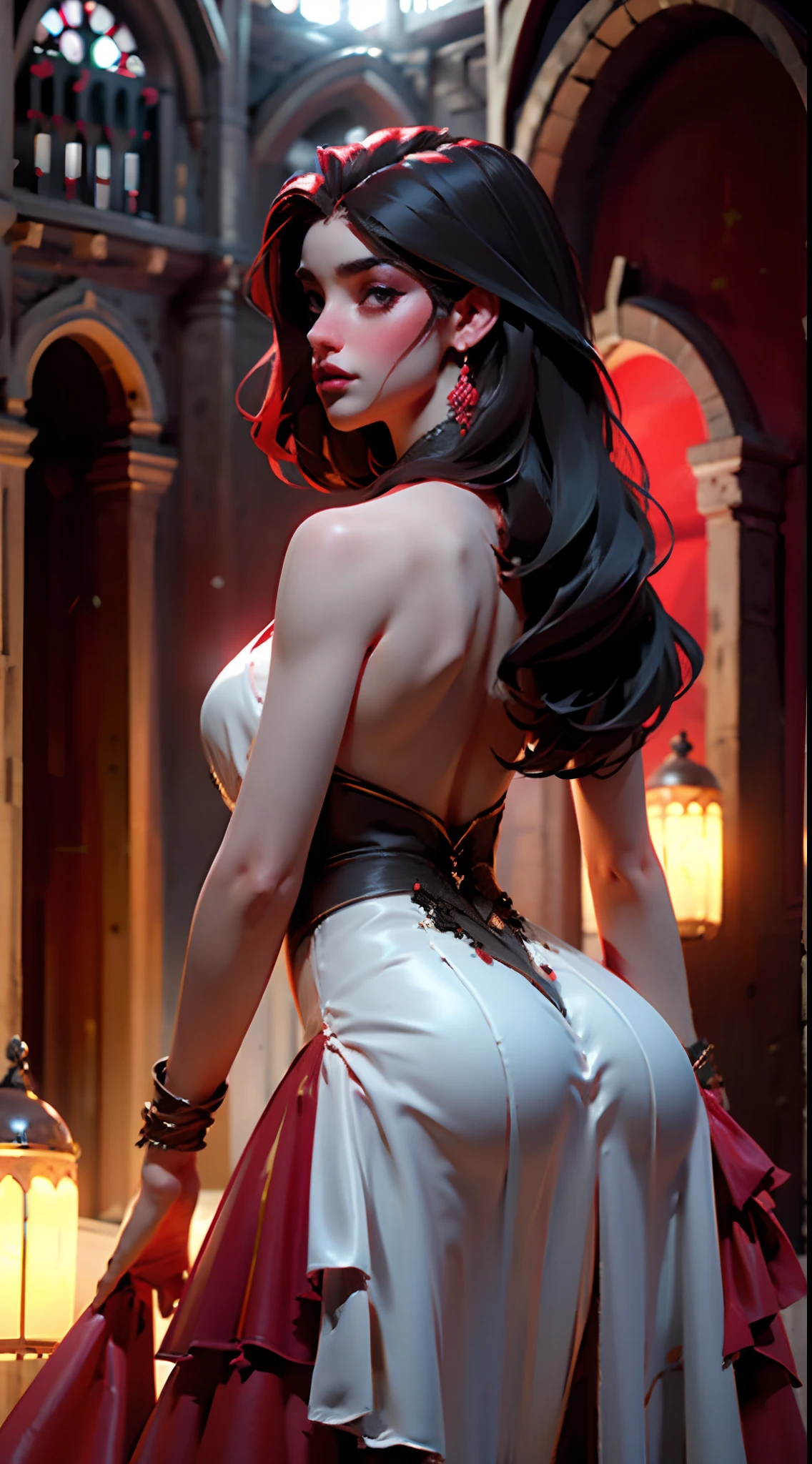 1girl from Spain, flamenco dress, red dressed flamenco stylish, flamenco dancer, black long hair, extremely pale skin, red lips, makeup, flamenco dancer studio, flamenco guitarist to back to the girl, social profile picture, stupid bitch face, slluty teenager