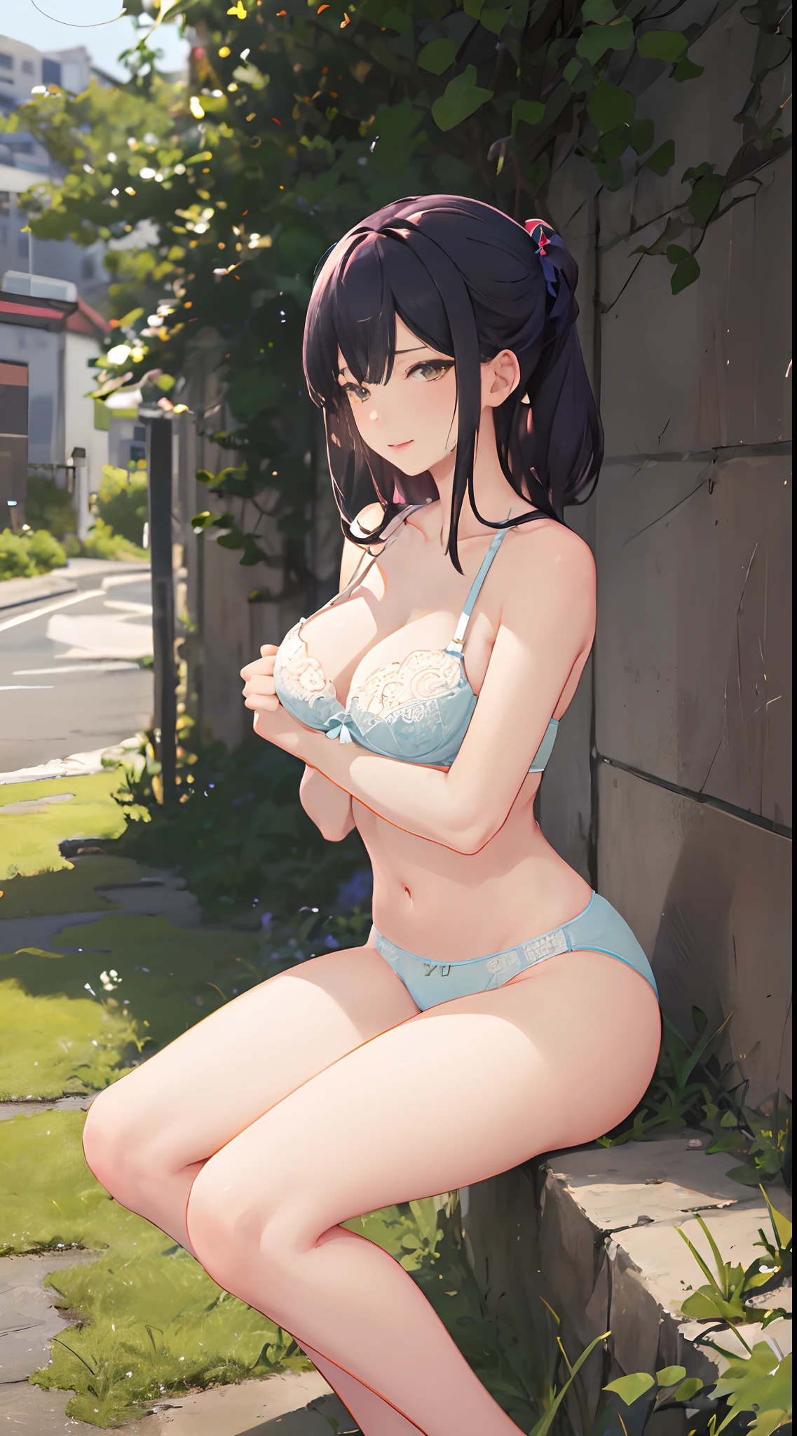 4k高清,1girll, 独奏, She wears lingerie with light yellow lace,Exposing thighs,Sit on grass,The chest is large,Perfect hands,Only underwear panties,Body sweating