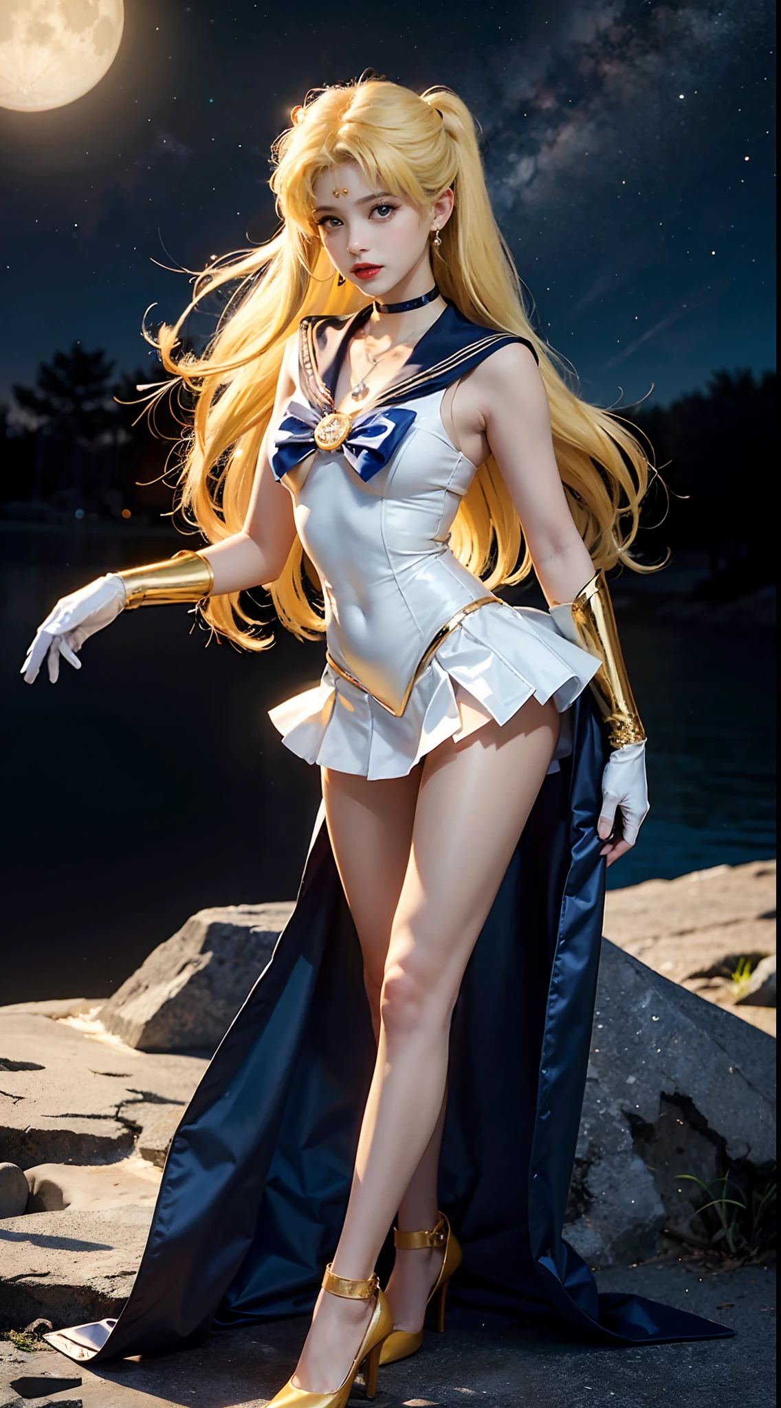 ((masterpiece:1.4)、(top-quality:1.4)、(reallistic:1.7))、masuter piece:1.4、a beauty girl、(Sailor Moon:1.4)、Tsukino Usagi、Body Fit Sexy Sailor Senshi Uniform、(latex shiny)、(The jacket is a white sleeveless sailor suit)、(Skirt is blue sexy ultra ultra mini skirt)、The collar of the sailor suit is blue with two thin lines.、high leg swimsuit、Red cloth ornament at chest、(Wearing white gloves)、Kawaii Girl、Super beauty、foco nítido、Portrait photos、Upper body photography:1.4、beautiful countenance、beautidful eyes、Narrow waist、beauty legs、(Yellow hair:1.4)、(length hair:1.2)、Beautiful udder、large full breasts:1.2、Sexy ass、Raw photo、red-lips、Red high heels:1.4、a choker:1.4、a necklace:1.4、耳Nipple Ring:1.4、Luxurious Golden Tiara:1.4、1 screen display、a moon、kosmos、spaceships、A space station、city of the future