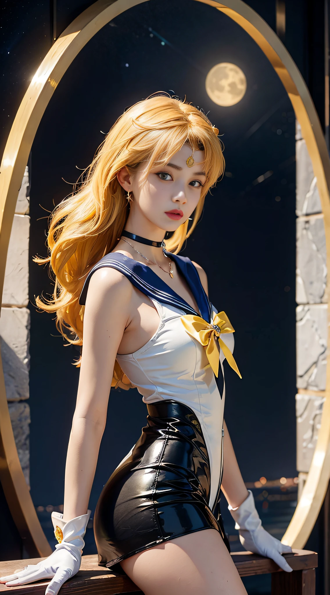 ((masterpiece:1.4)、(top-quality:1.4)、(reallistic:1.7))、masuter piece:1.4、a beauty girl、(Sailor Moon:1.4)、Tsukino Usagi、Body Fit Sexy Sailor Senshi Uniform、(latex shiny)、(The jacket is a white sleeveless sailor suit)、(Skirt is blue sexy ultra ultra mini skirt)、The collar of the sailor suit is blue with two thin lines.、high leg swimsuit、Red cloth ornament at chest、(Wearing white gloves)、Kawaii Girl、Super beauty、foco nítido、Portrait photos、Upper body photography:1.4、beautiful countenance、beautidful eyes、Narrow waist、beauty legs、(yellow hair:1.4)、(length hair:1.2)、Beautiful udder、large full breasts:1.2、Sexy ass、Raw photo、red-lips、Red high heels:1.4、a choker:1.4、a necklace:1.4、耳Nipple Ring:1.4、Luxurious Golden Tiara:1.4、1 screen display、a moon、kosmos、spaceships、A space station、City of the Future