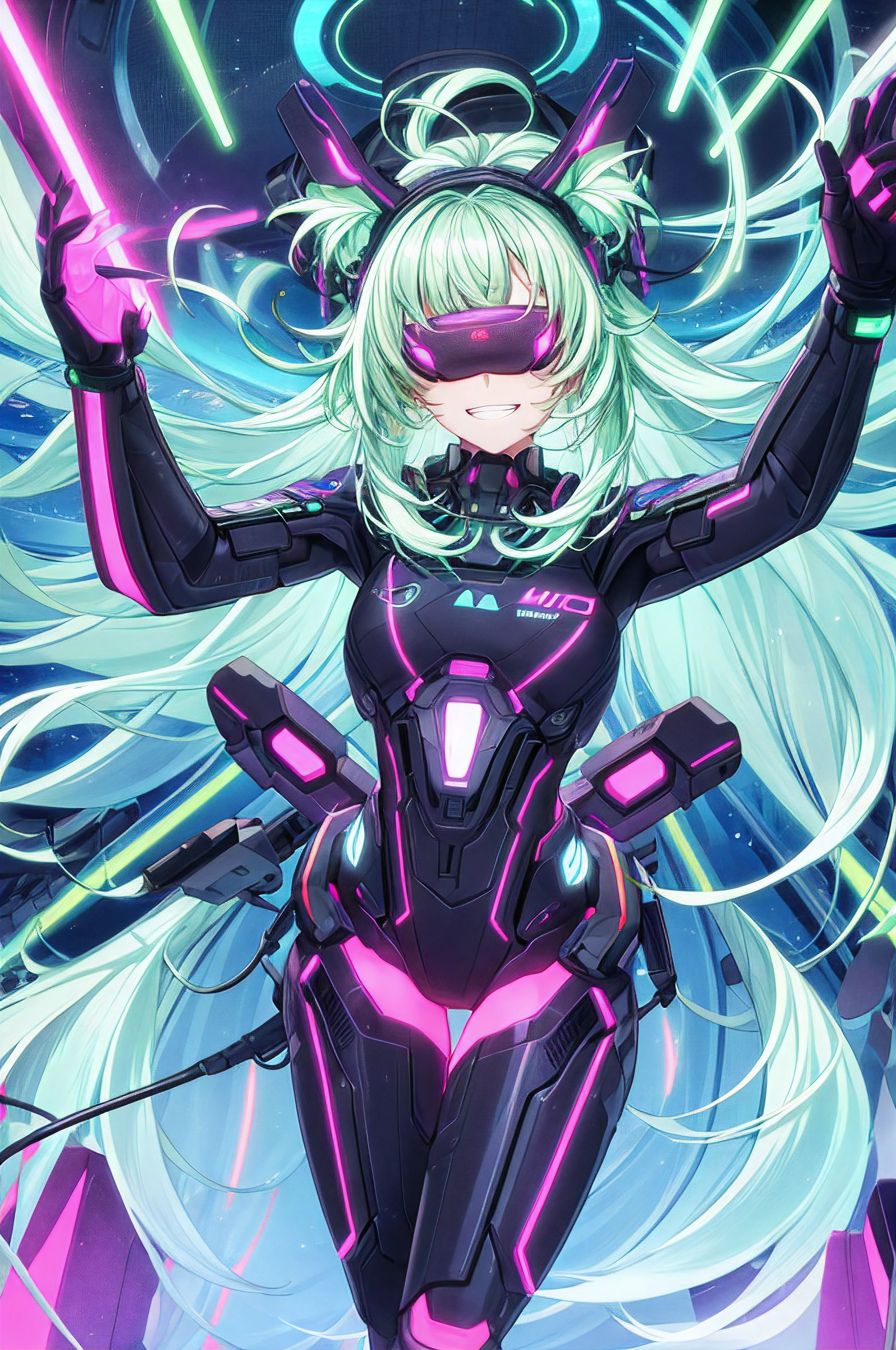best quality, head-mounted display,
(1 girl, solo), exposed waist, exposed thighs, surrounded by neon, floating hair, NodesTech mascara, NodesTech headdress, smile, long hair with teeth, ethereal hair, multicolored hair,
BREAK sci-fi background, detailed background, neon background, data space