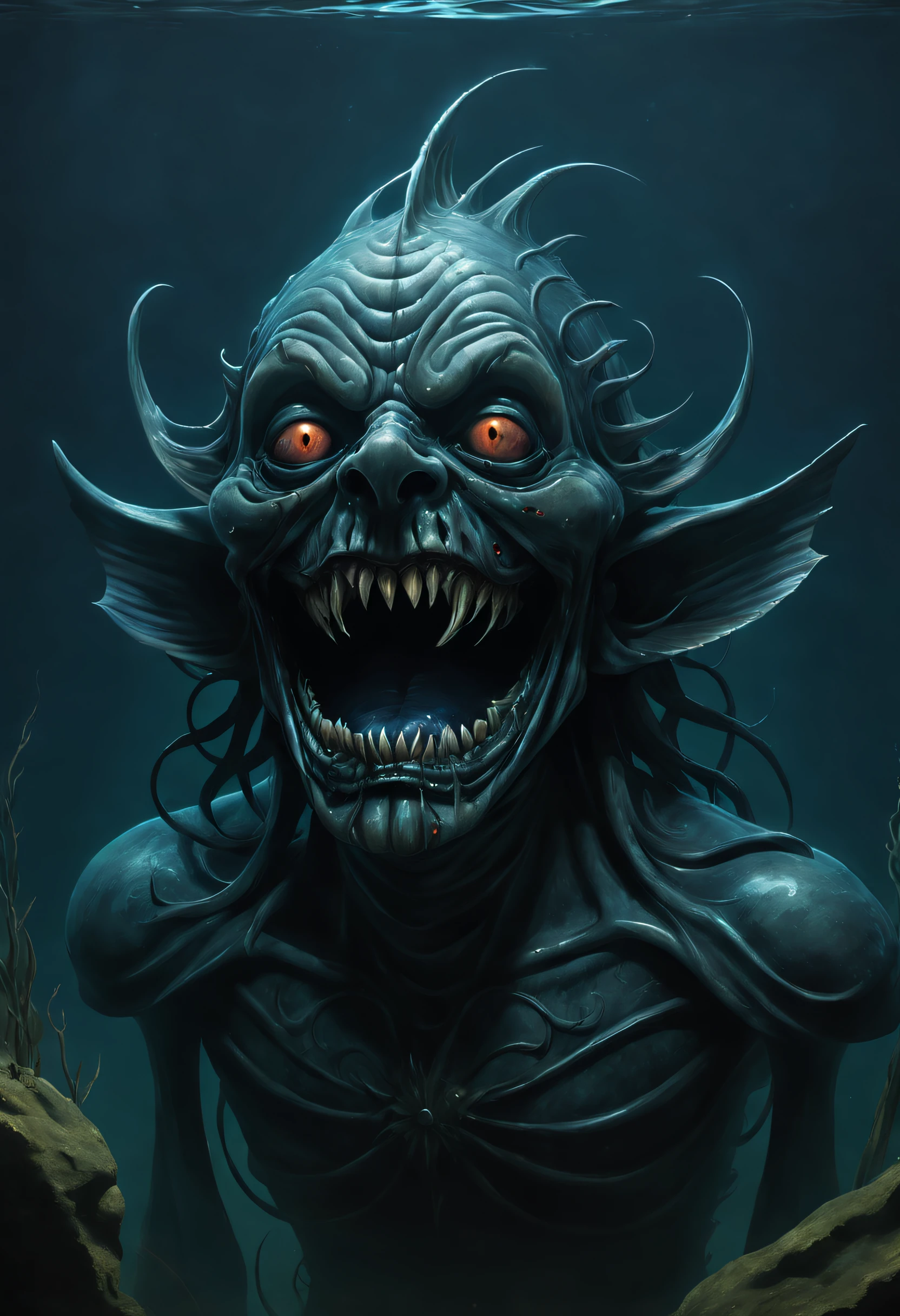 submerged fish-face figure, ripples ,  evil grin,  horror fantasy art,  fantasy horror art,  photorealistic dark concept art,  in style of dark fantasy art,  lich vecna (d&d),  dark fantasy art,  detailed 4k horror artwork,  stefan koidl inspired,  ((stefan koidl))