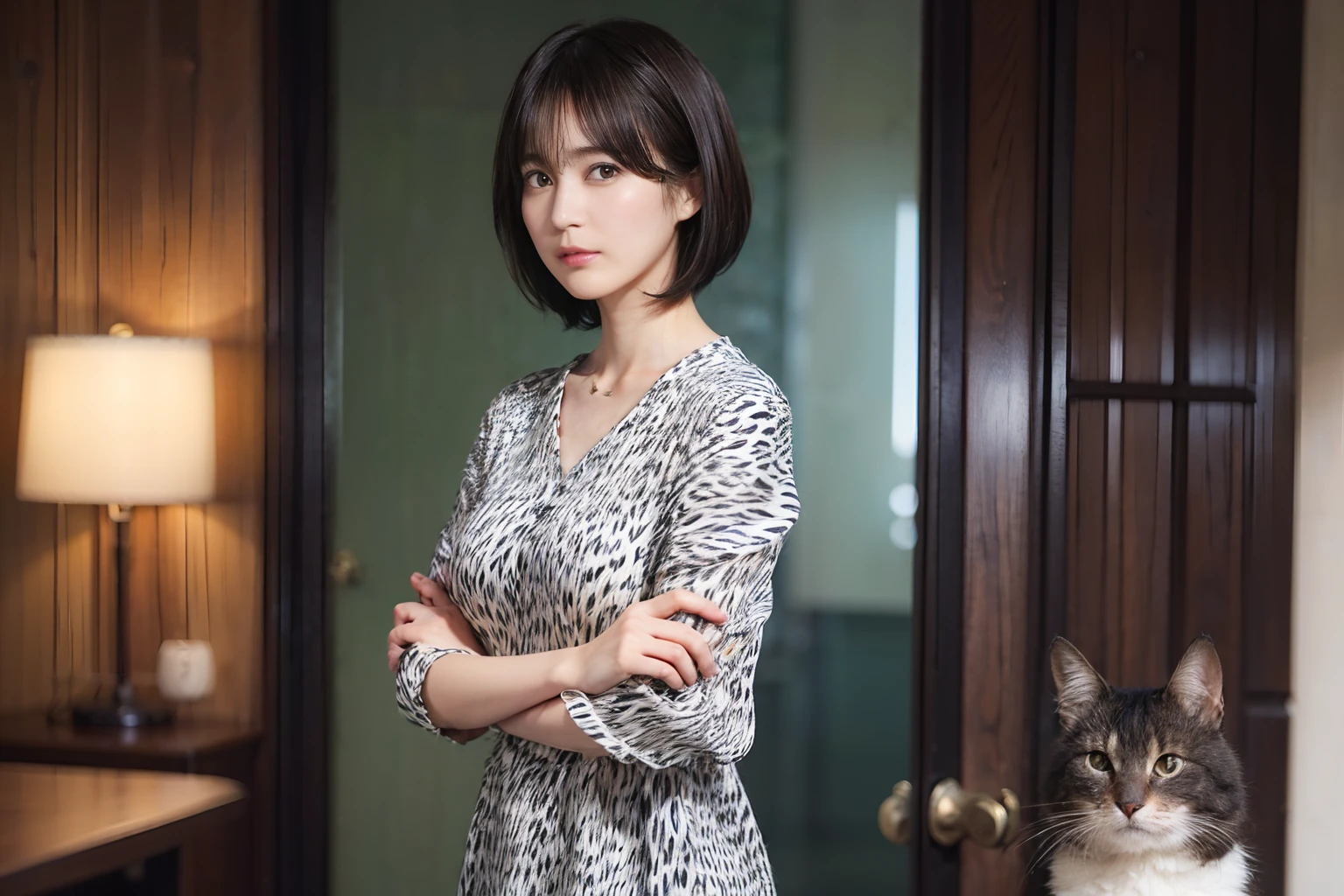 60
(a 20 yo woman,is standing), (A hyper-realistic), (masutepiece), ((A dark-haired、short-hair:1.3)), (Breast), Gentle expression, (Clothing printed with wild animal characters)