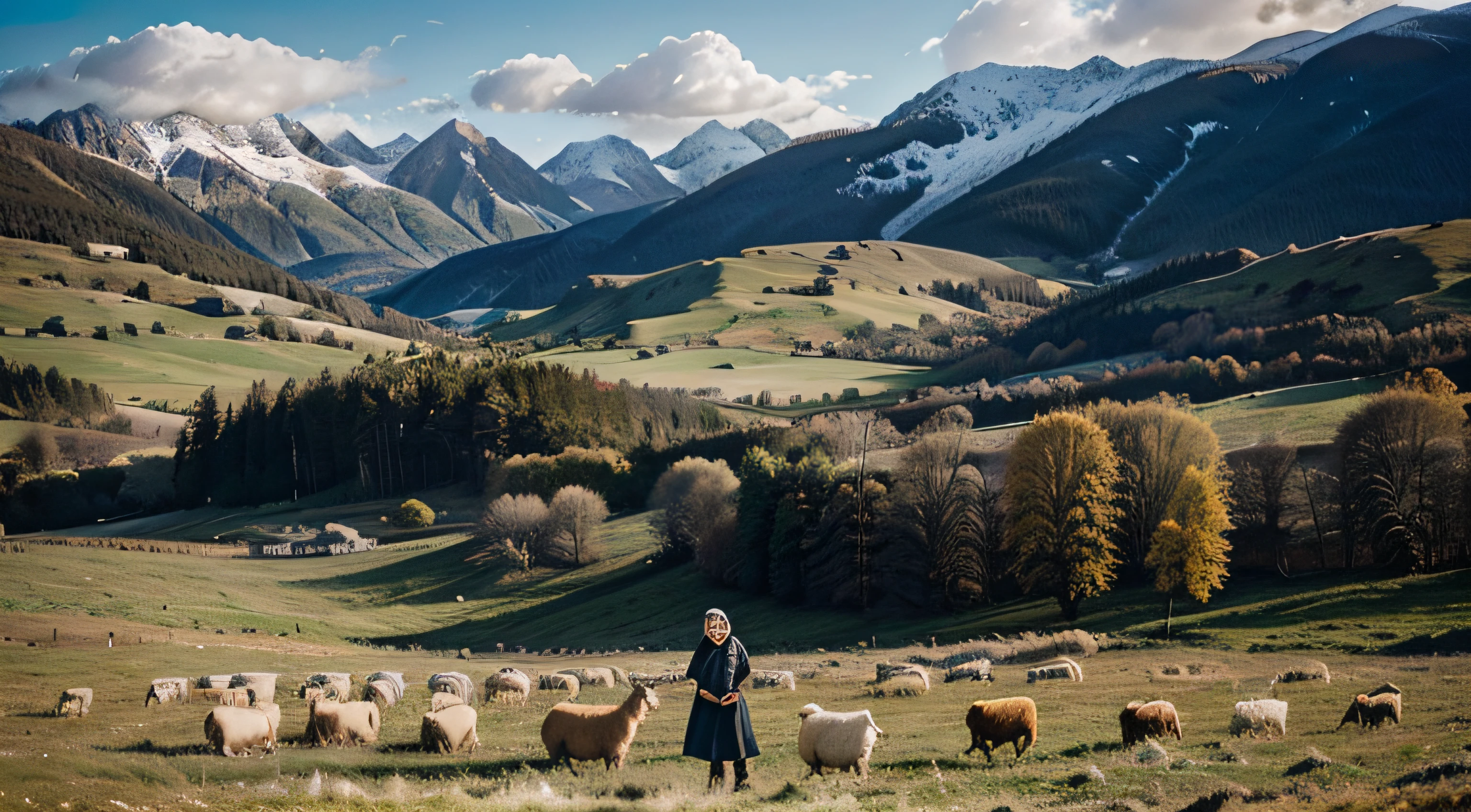 young sheep shepherd, in a field with mountains in the background, realistic photo