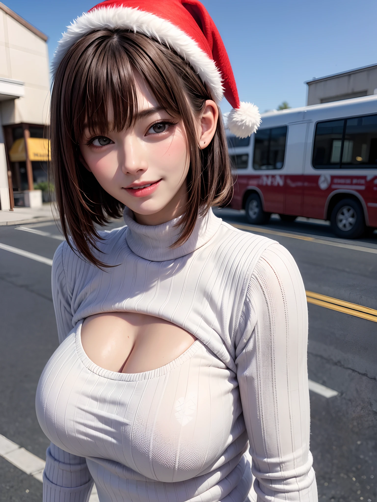 (masutepiece, top-quality、Very attractive adult beauty、Add intense highlights to the eyes、Look firmly at the camera、Beautiful woman full of adult charm),1girl in, 独奏, Light brown shiny hair, muffler,Santa Claus hat,realisitic, looking at the viewers, Bright colored crystal light blue eyes, short shiny hair, Santa Claus Color Star Neck Knit、 Santa Claus costume with turtleneck with a hole in the center of the chest,Sexy red and white turtleneck knit sweater with round hole in the center of chest、 s lips, lipgloss，bangss, The upper part of the body、big eye、Lashes、The face is a little red、Embarrassing)、((Road system in Italy in winter))、((Shorthair with bangs、big eye、Put very strong highlights in your students、{Gigantic|Big|Huge|Mega} breasts、very Bigger breasts、gazing at viewer、Very beautiful beauty、Put your ears out、long neck、little smiling、Beautiful teeth、Open your mouth and smile))、28 year old、Very cute supermodel、