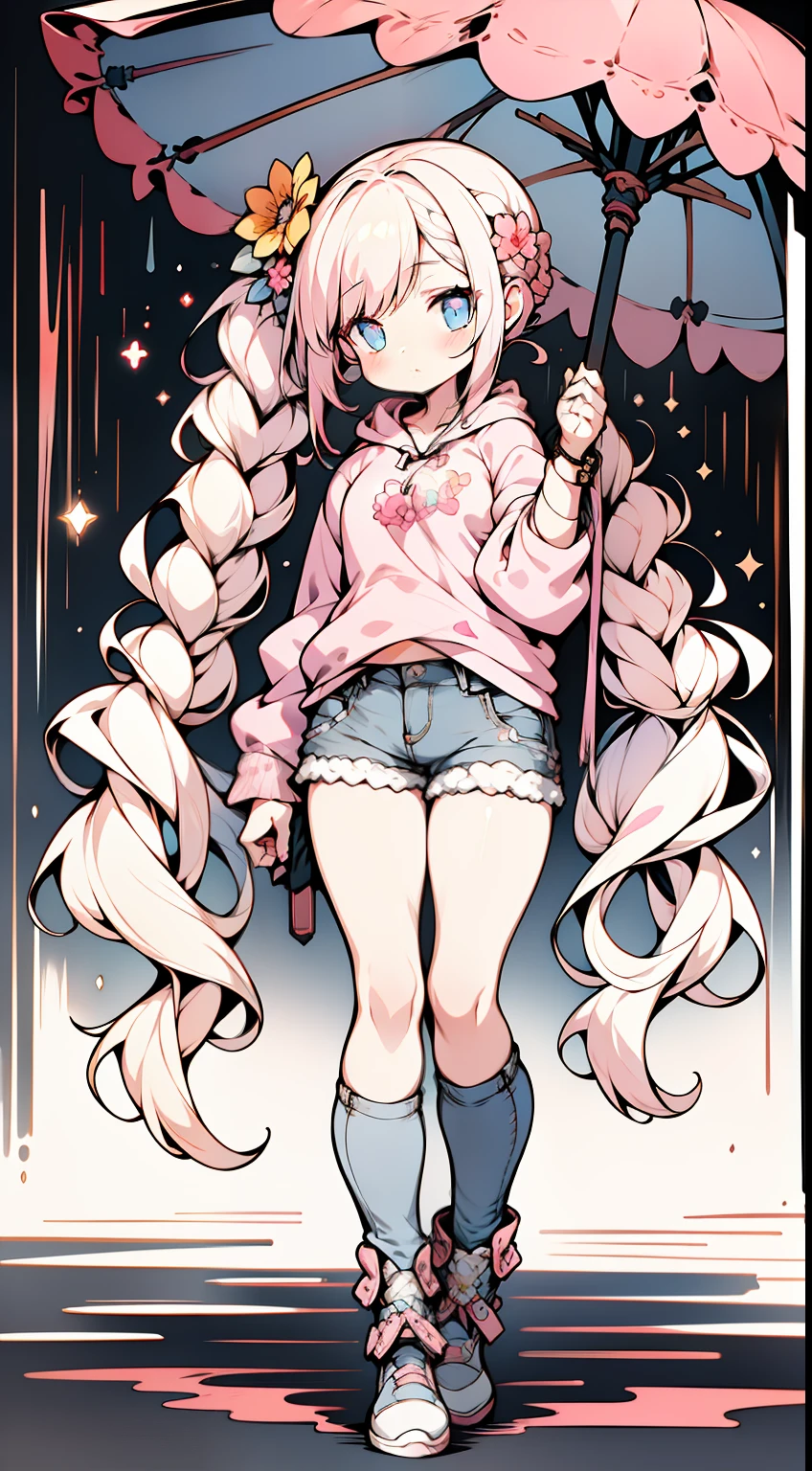 1girl in, Full body, Wearing jeans texture lace and pink shorts, Wearing a hoodie in yellow modern style fashion,rainy day, Foggy, gradient, multicolored hair, Separate from long hair with double braided pigtails々Bangs, Blue bright eyes, Big perfect eyes like diamonds, Cute, Character Design, Detailed, Anime, Official, Flower patterns, Pink details with shine and brushes, clip studio paint, nffsw, .PSD