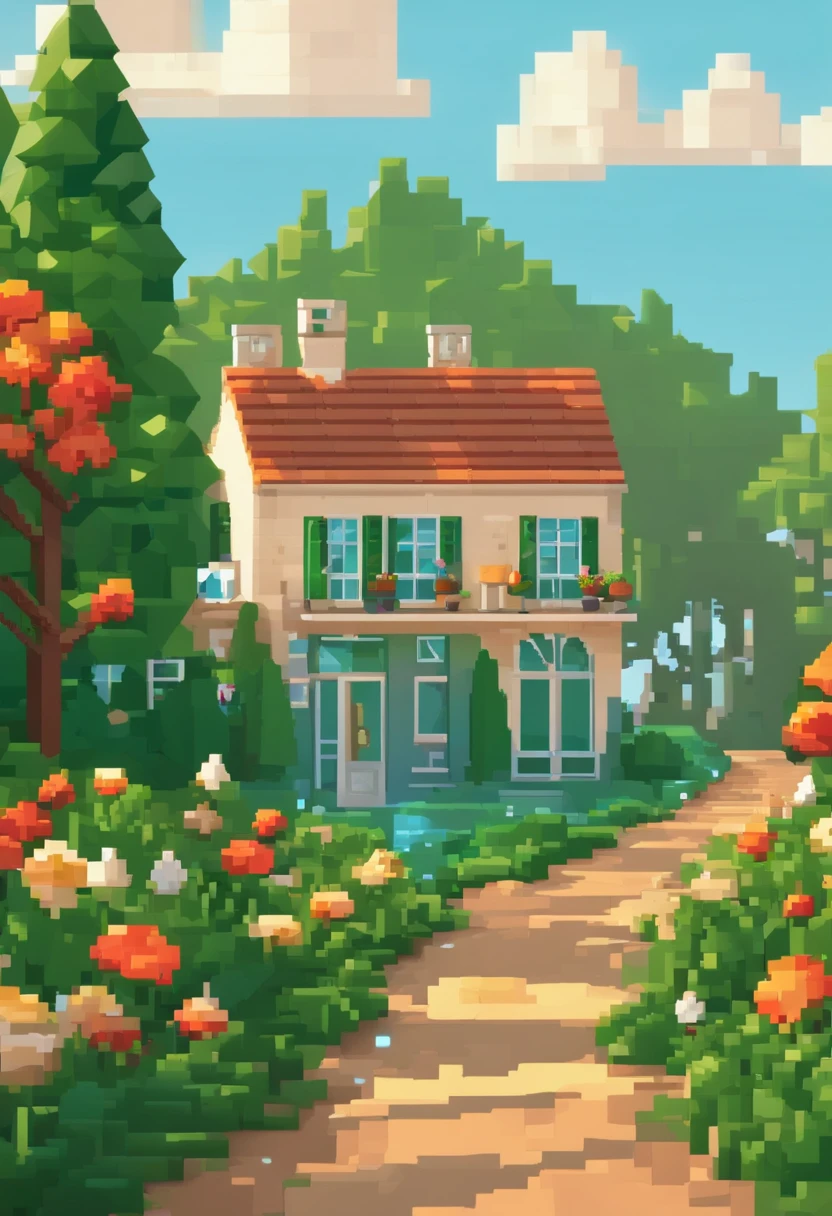 Sunny summer，Floral，green trees，Arte pixelada, bela arte detalhada do pixel, pixel art detalhado, Retro lo-fi video game, conceito de pixel art, arte detalhada do pixel, Estilo Pixelart, Cidade do Pixel, pixel art animation, pixel art de alta qualidade, Neve branca, arte lowpoly cor super detalhada, #pixelarte:3, # pixelarte, #pixelarte