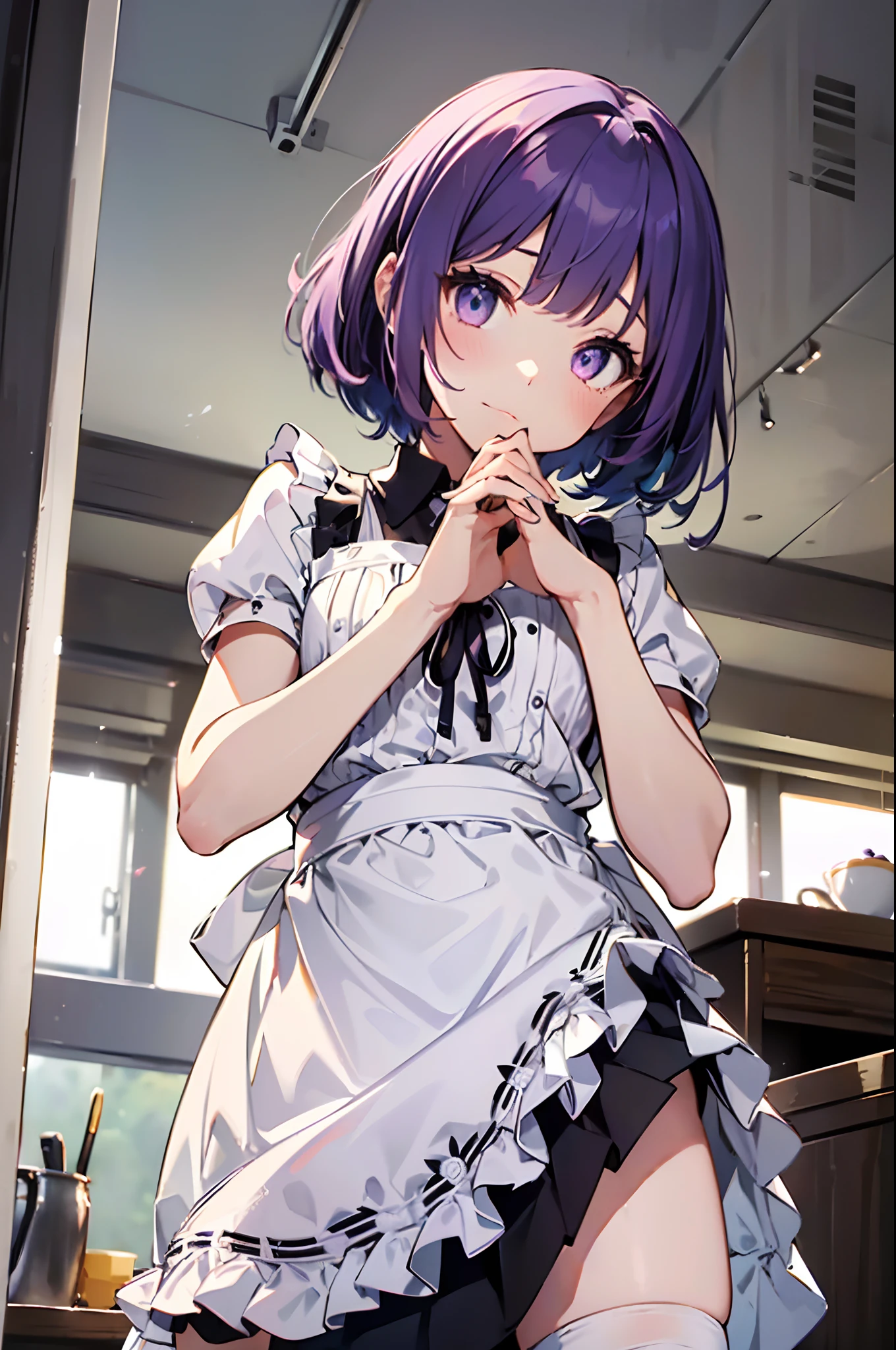 (masuter piece、Best Quality、Detailed、8K, 4K, Illustration、hight resolution、Detailed beautiful eyes:1.2)、(Slouched:1.2)、cowboy  shot、foco nítido、Evening glow、beauitful face、Sharp pupils、(From below:1.2)、Modern Cafe、18 year old beautiful girl、A slender、shinny skin、bob cuts、Beautiful dark purple hair、Purple eyes、inside in room、Apron Dresses、Maid costume、knee sox、(Skirt Roll Up、I can see the white panties、Holding the skirt with your hands、Embarrassed look、I'm in a hurry、Shake your head:1.2)、