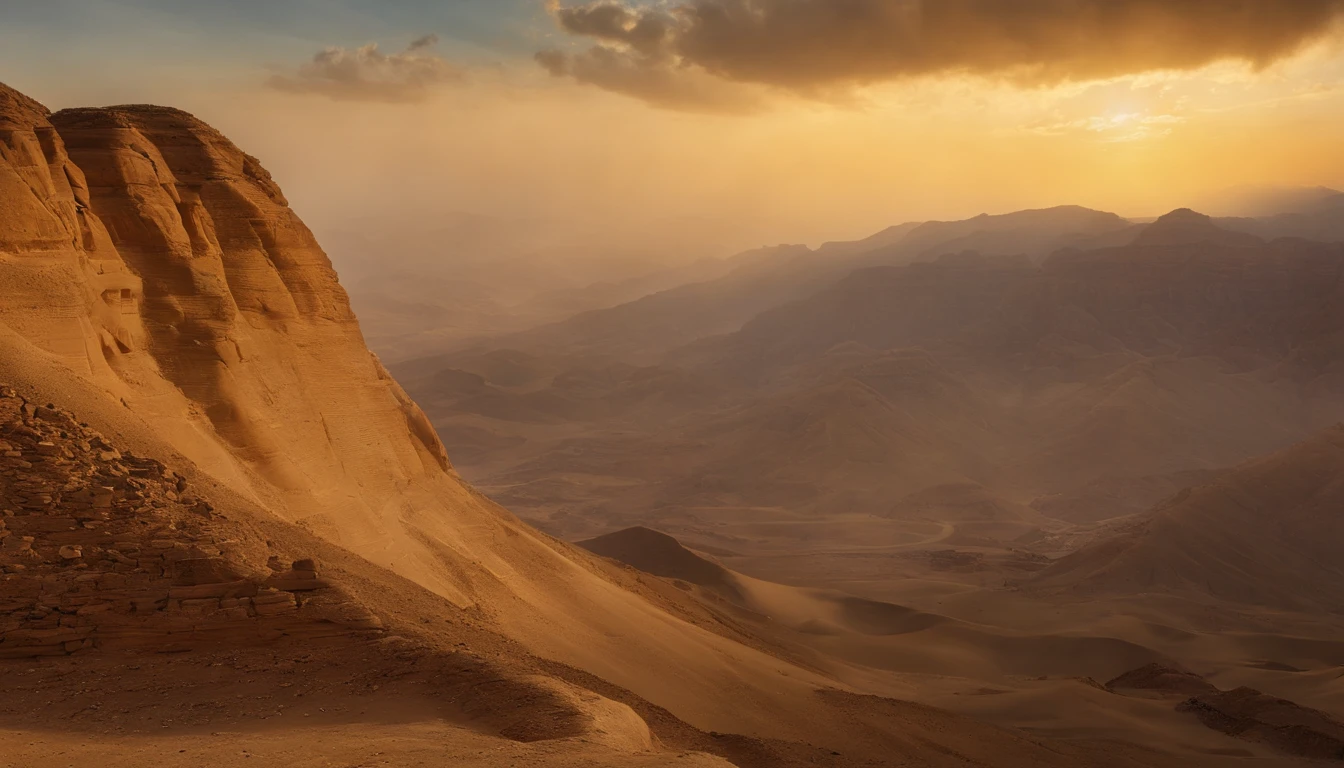 a mountain atigo egypt,realistic portrait style,subtle color palette,vibrant background,natural textures,deep shadows,subtle highlights,historical accuracy,meticulous attention to detail,emotional depth and intensity,authentic representation,thought-provoking,spiritual atmosphere,a sense of Ancient Wisdom, Profound Impact