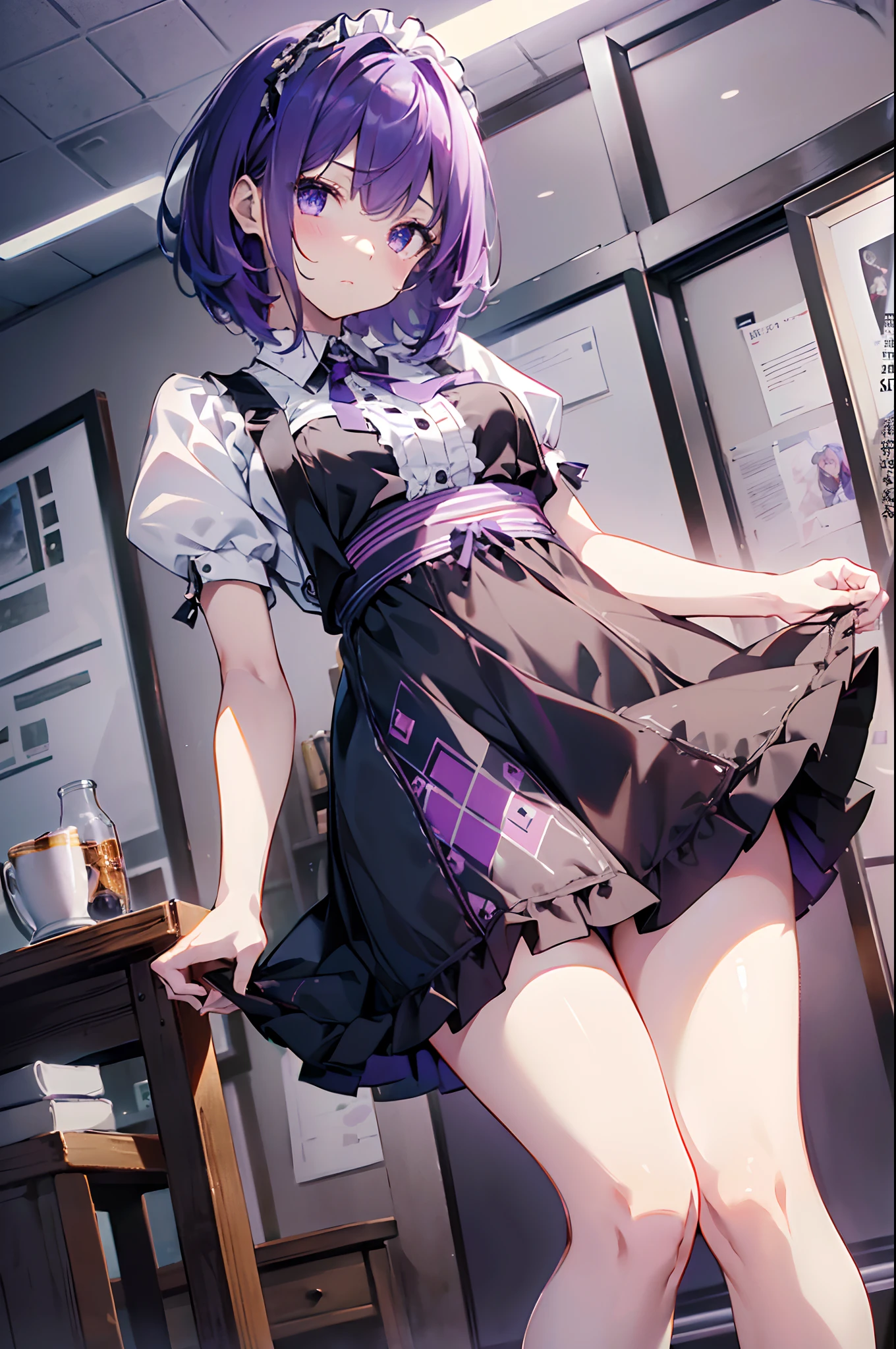 (masuter piece、Best Quality、Detailed、8K, 4K, Illustration、hight resolution、Detailed beautiful eyes:1.2)、(Slouched:1.2)、cowboy  shot、foco nítido、Evening glow、beauitful face、Sharp pupils、(From below:1.2)、Modern Cafe、18 year old beautiful girl、A slender、shinny skin、bob cuts、Beautiful dark purple hair、Purple eyes、inside in room、Apron Dresses、Maid costume、knee sox、(Skirt Roll Up、I can see the white panties、Holding the skirt with your hands、Embarrassed look、I'm in a hurry、Shake your head:1.2)、