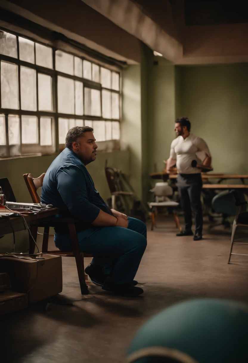 Em uma palestra de tecnologia, homem gordo de terno, Sitting on the floor with broken chair due to overweight and his co-workers helping.