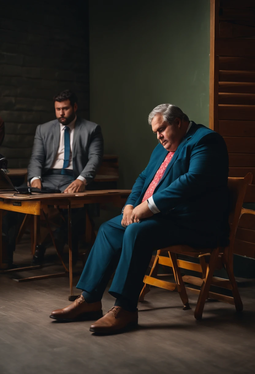 Em uma palestra de tecnologia, homem gordo de terno, Sitting on the floor with broken chair due to overweight and his co-workers helping.