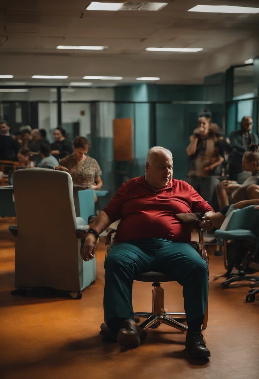 Em uma palestra de tecnologia, homem gordo de terno, Sitting on the floor with broken chair due to overweight and his co-workers helping.