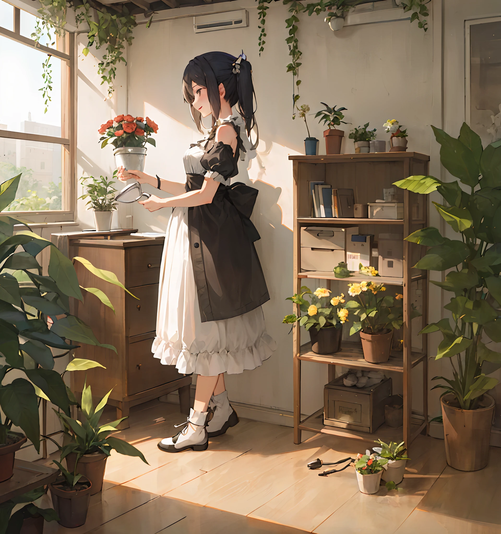 A 2D happy woman head that’s is a vase,  half her head open, flowers and plants growing out of her head, left side is a sun and right side is a watering can