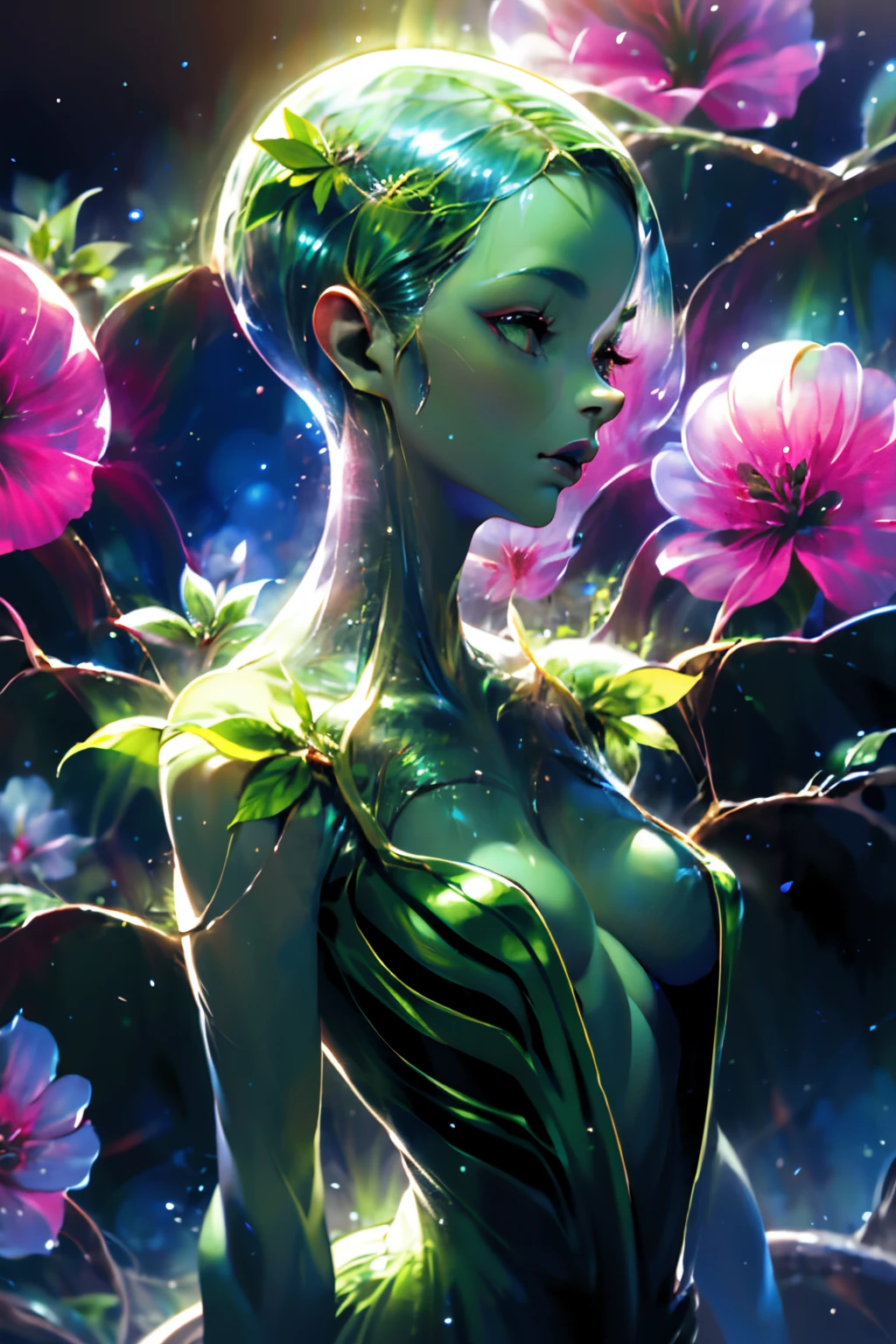(best quality, ultra-detailed), (alien), (green skin), (black eyes), (((leaves for hair))), busty, (dress made of plants), vibrant colors, (soft lighting), (lush vegetation), (alien planet), ethereal beauty, surreal, otherworldly, enchanting, mesmerizing, stunning, captivating, dreamlike, mythical, fantasy, (alien creatures), (glowing flowers), (misty atmosphere), mysterious.