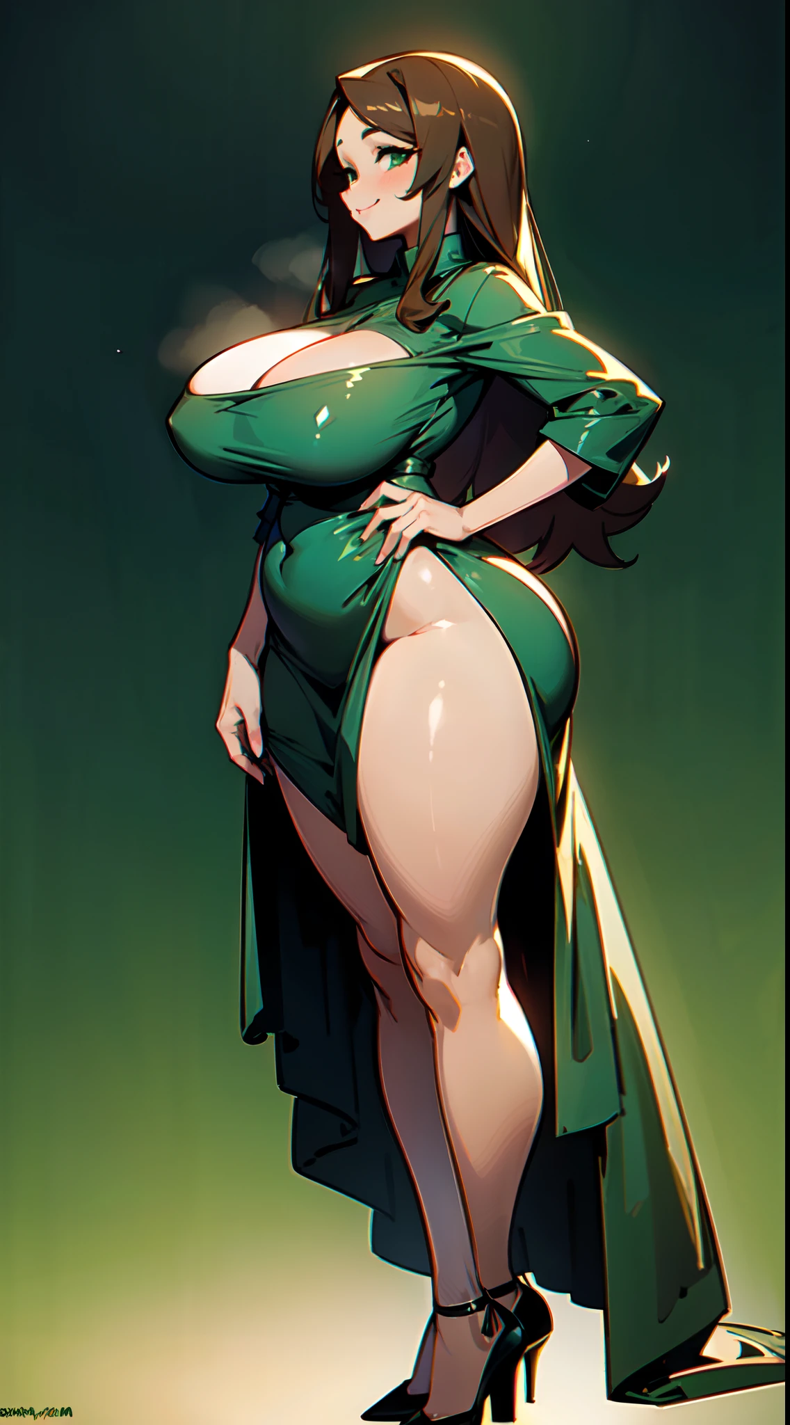 Front view, full body, 1woman, very curvy, huge breasts, massive ass, mature, smiling, long brown straight hair, green eyes, sexy dark green dress, slit on the left side, dark brown skin, pretty face, seductive, slutty, gigantic breasts!!!!, top heavy, overweight, chubby, ginormous breasts!!!!, expanding breasts, out of proportion breasts, worlds biggest breasts in the world, big wide hips, big ass, big juicy bottom
