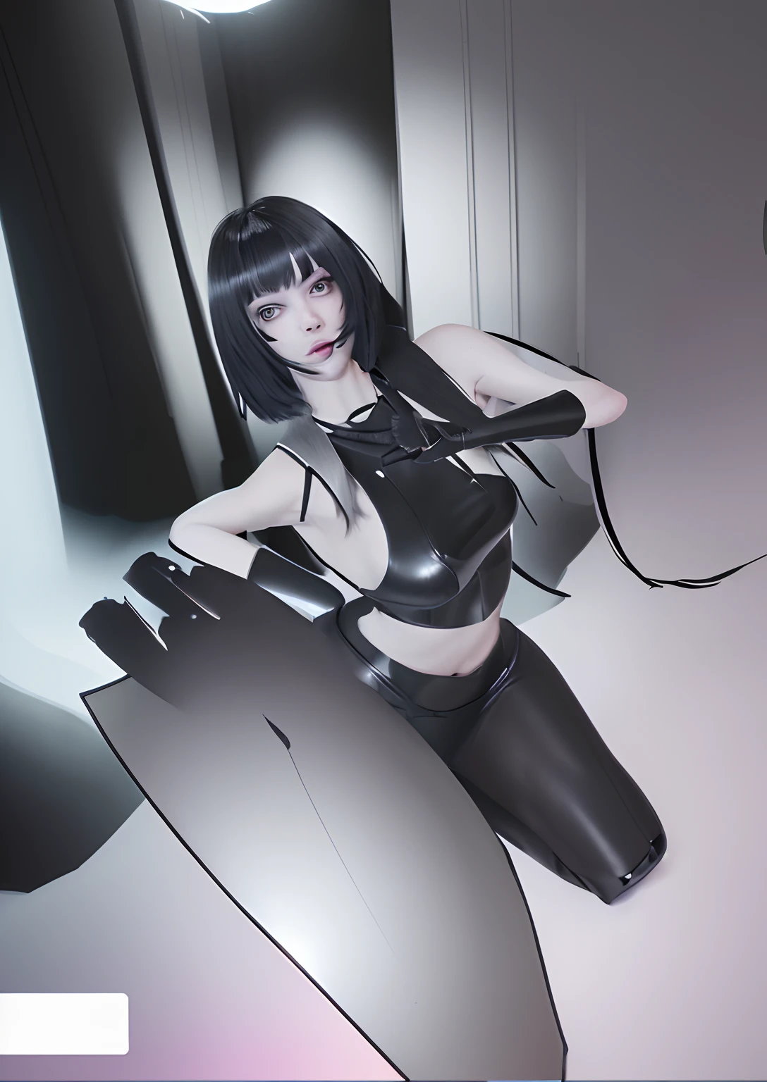 there is a 3d image of a woman in a black outfit, second life avatar, lacivious pose, virtual self, distorted pose, aeon flux style, badass pose, glamorous tifa lockheart, doing a sassy pose, inspired by Ren Renfa, desperate pose, imvu, glamorous pose,((gray studio background)), picture-perfect face, flawless, clean, masterpiece, professional artwork, famous artwork, perfect face, beautiful face, beautiful eyes, ((perfect female body)), solo,(immersive atmosphere, chiaroscuro:1.5,bright light:1.2,luminous lighting) ,,(blush:0.5),seductive expression,extremely detailed_eyes,thick thighs, beautifully detailed background,depth of field,realistic:1.3,(ambient light:1.3),(cinematic composition:1.3),(neon lights:0.1),(HDR:0.1),Accent Lighting,imvu,((the hime haircut))