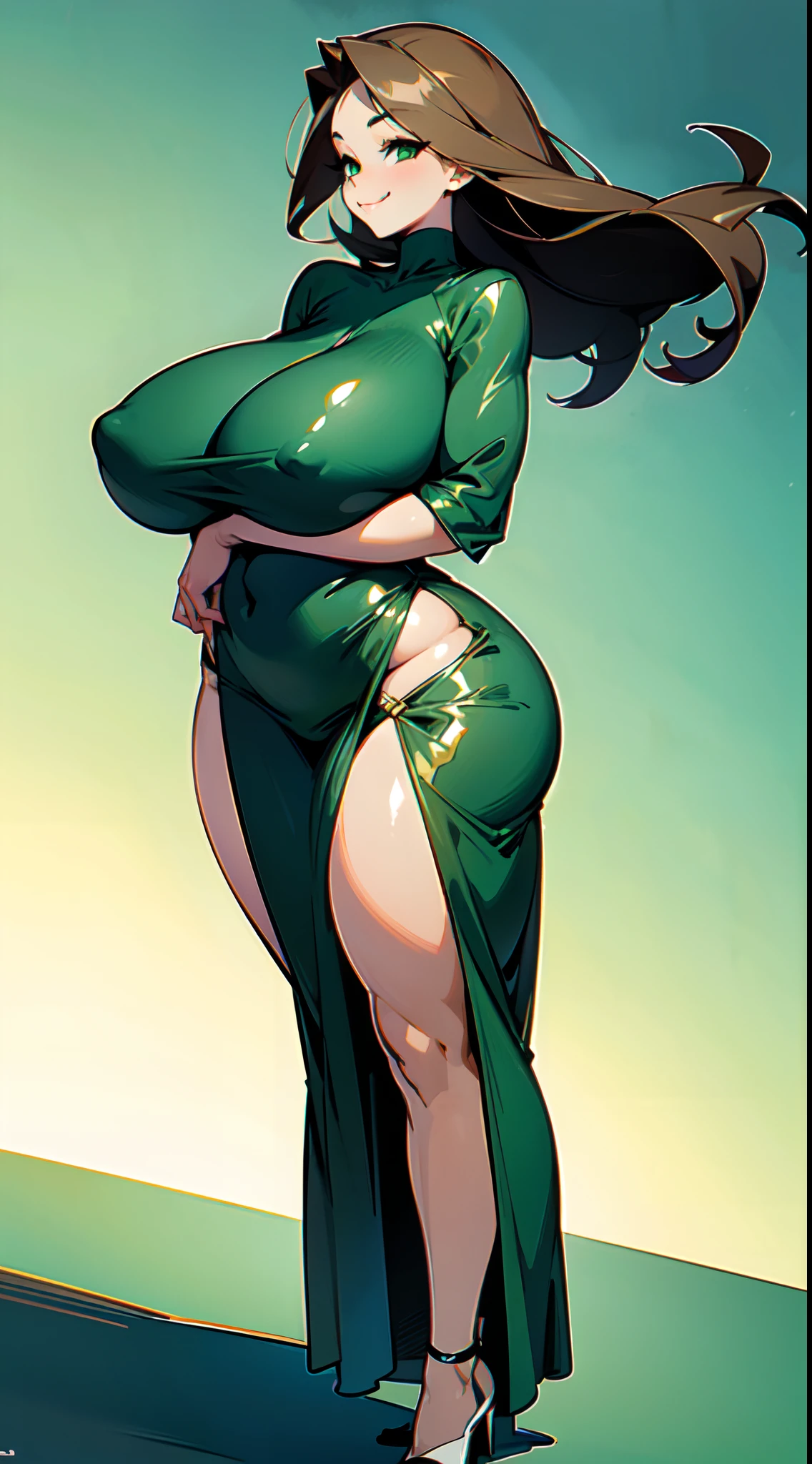 Front view, full body, 1woman, very curvy, huge breasts, massive ass, mature, smiling, long brown straight hair, green eyes, sexy dark green dress, slit on the left side, dark brown skin, pretty face, seductive, slutty, gigantic breasts!!!!, top heavy, overweight, chubby, ginormous breasts!!!!, expanding breasts, out of proportion breasts, worlds biggest breasts in the world, big wide hips, big ass, big juicy bottom