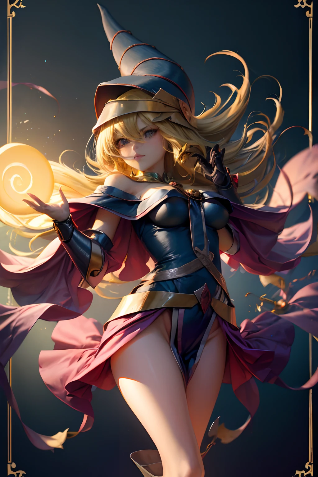 (Obra maestra:1.2), (La mejor calidad:1.2), Perfect lighting, Chica Maga Oscura lanzando un hechizo, Magic wand in his right hand, flotando en el aire, tetas grandes, escote, fondo de magia. Magic Hearts, blue robe, sombrero grande, desde arriba, Destellos, Yugioh Card en el fondo