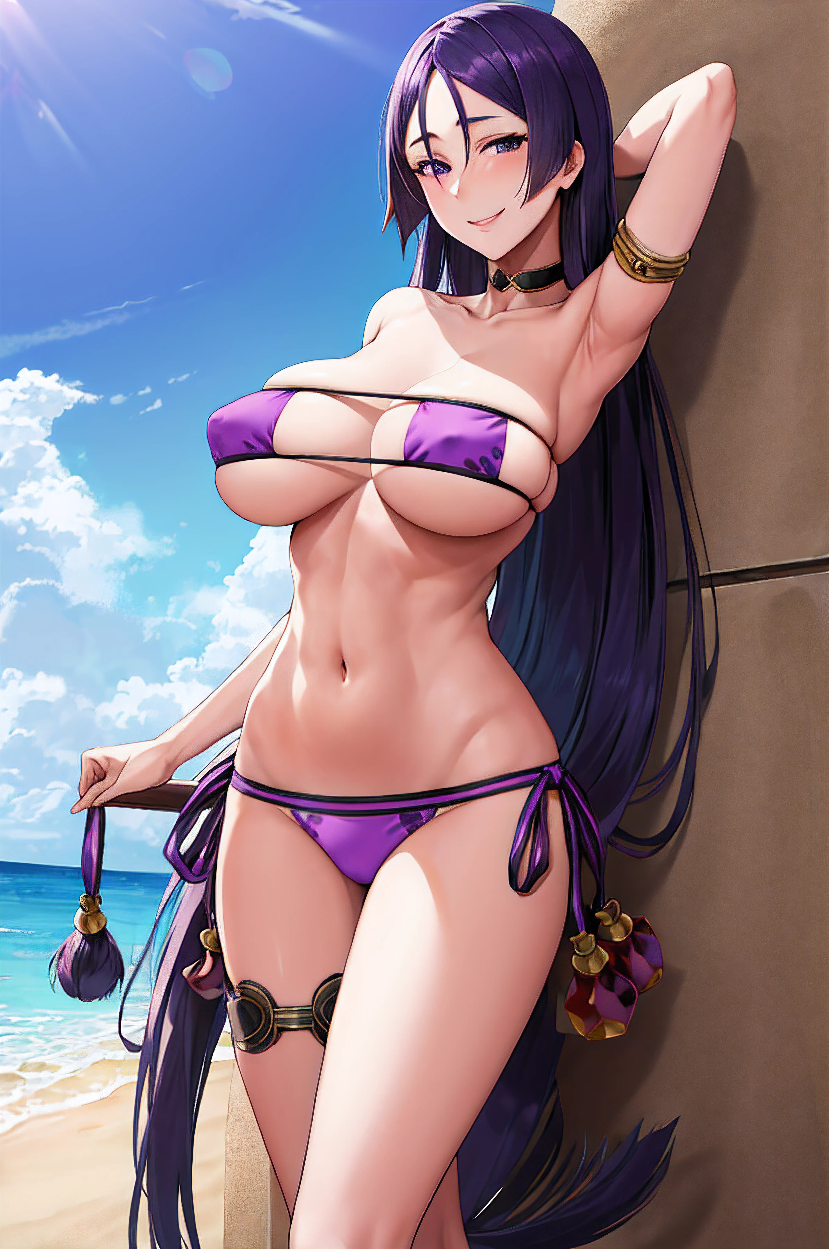 masterpiece, best quality, highres, hmmr1, minamoto no raikou (fate), eyepatch bikini, purple bikini, armpits, armlet, choker, collarbone, bare shoulders, ribbon, beach, standing, cowboy shot, smile