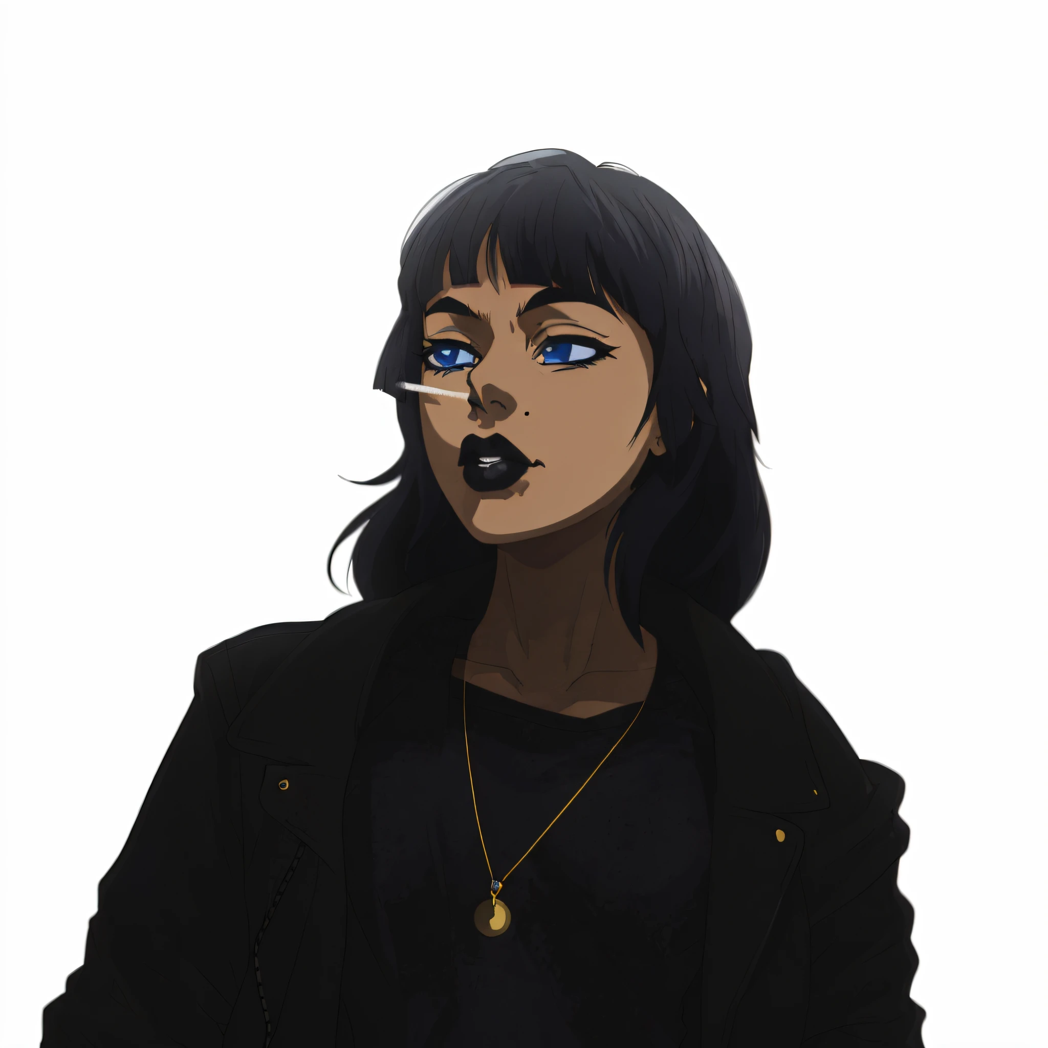 (1girl) (solo) shoulders up portrait GameGirl , (medium black hairl) , Drawn by Naohiro Shintani, 80's anime style. flat colors, no shading, (flat chest), small waist, blue eyes, goth, black lipstick. anime girl with blue eyes and black hair with a cigarette in her nose, cyberpunk girl, urban girl fanart, 2d portrait, official character art