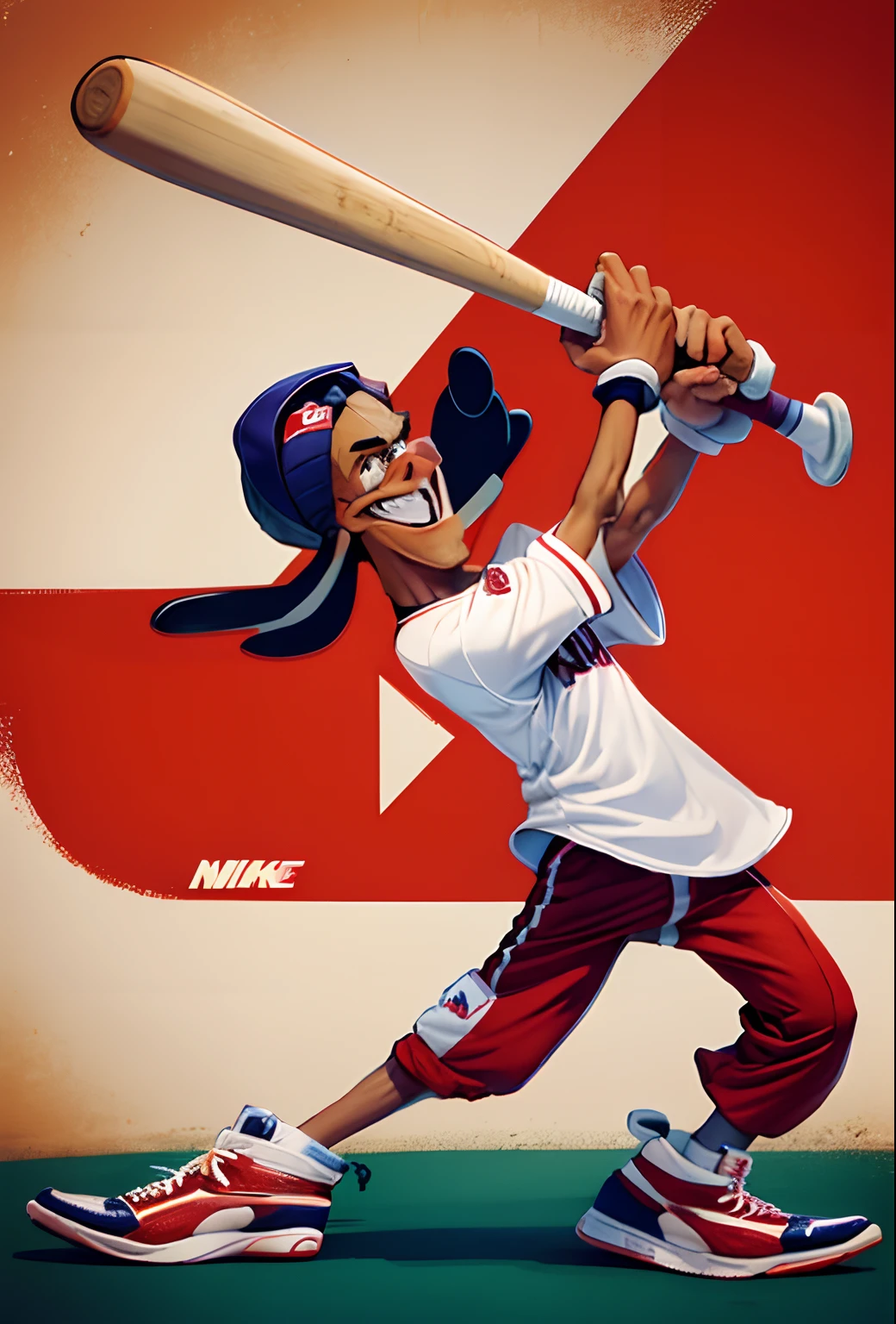 Goofy goof com o uniforme do red sox, tenis nike jordan, taco de baseball, toca