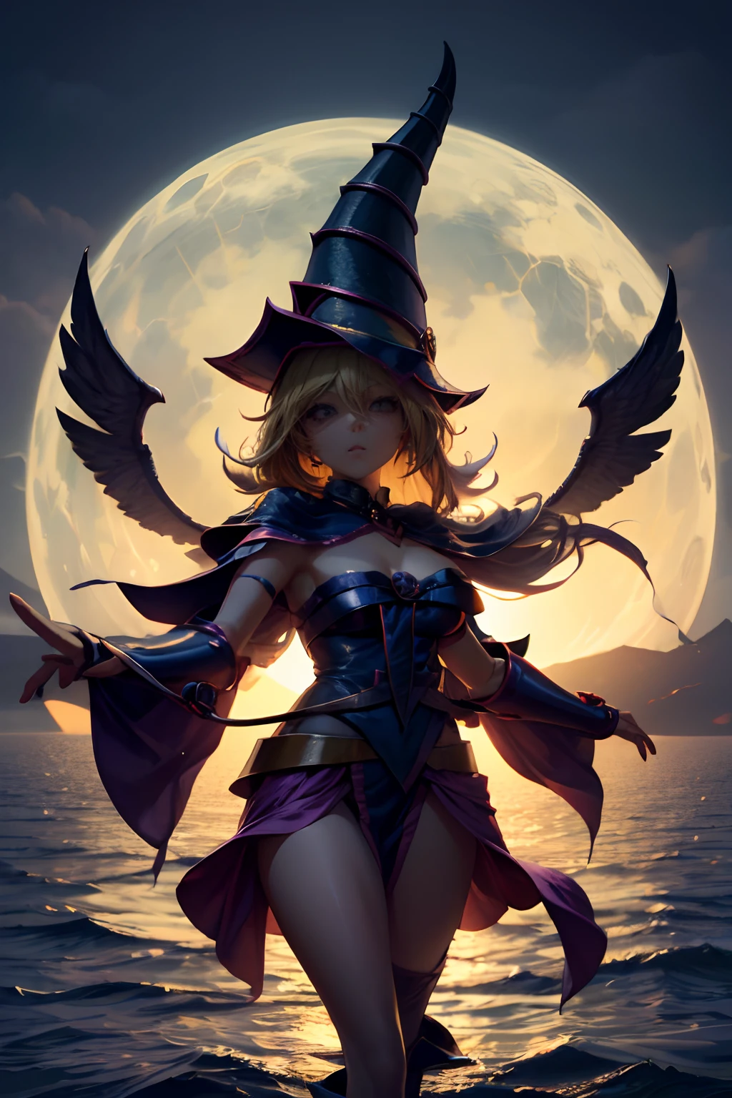 (masterpiece:1.2), (The best quality:1.2), perfect lighting, Dark Magician Girl casting a spell, in battle. floating in the air, visible medium tits, transparent neckline, blue robe, big hat, from above, Sparkles, Yugioh game, The magic of the heart. LIGHTS OF THE HEART, romantic heart. She wears heels. has heels. Wear heels 