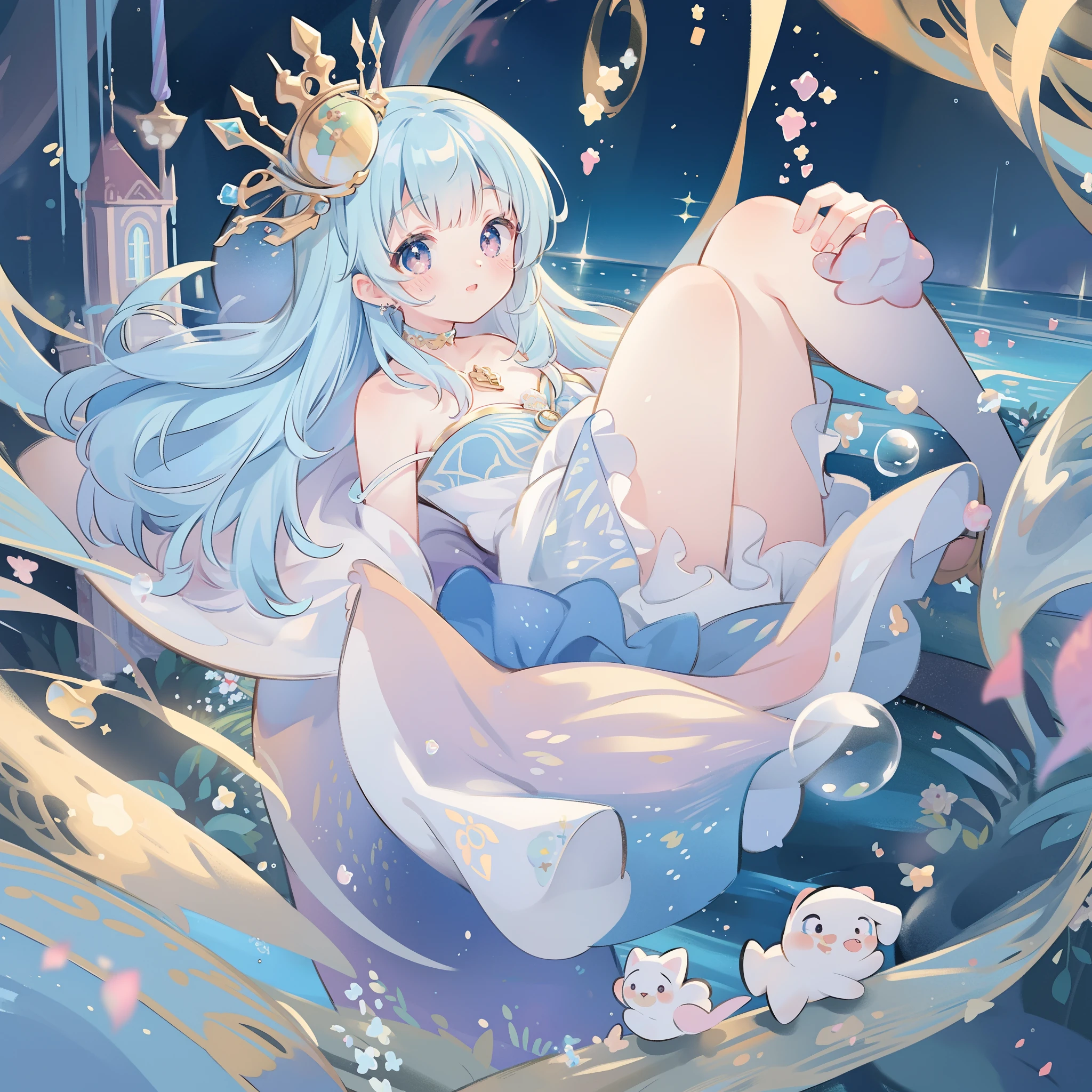 masterpiece, best quality, 8k resolution, sharp focus, intricate detail, beautiful girl, sparkling eyes, golden ratio face, otherworldly liquid, watercolor, pastel colors, bright colors, whimsical, colorful, sharp focus, high resolution, fine detail, princess fantasy flowing ballgown, ((round eyes)), iridescent bubbles, castle landscape in background