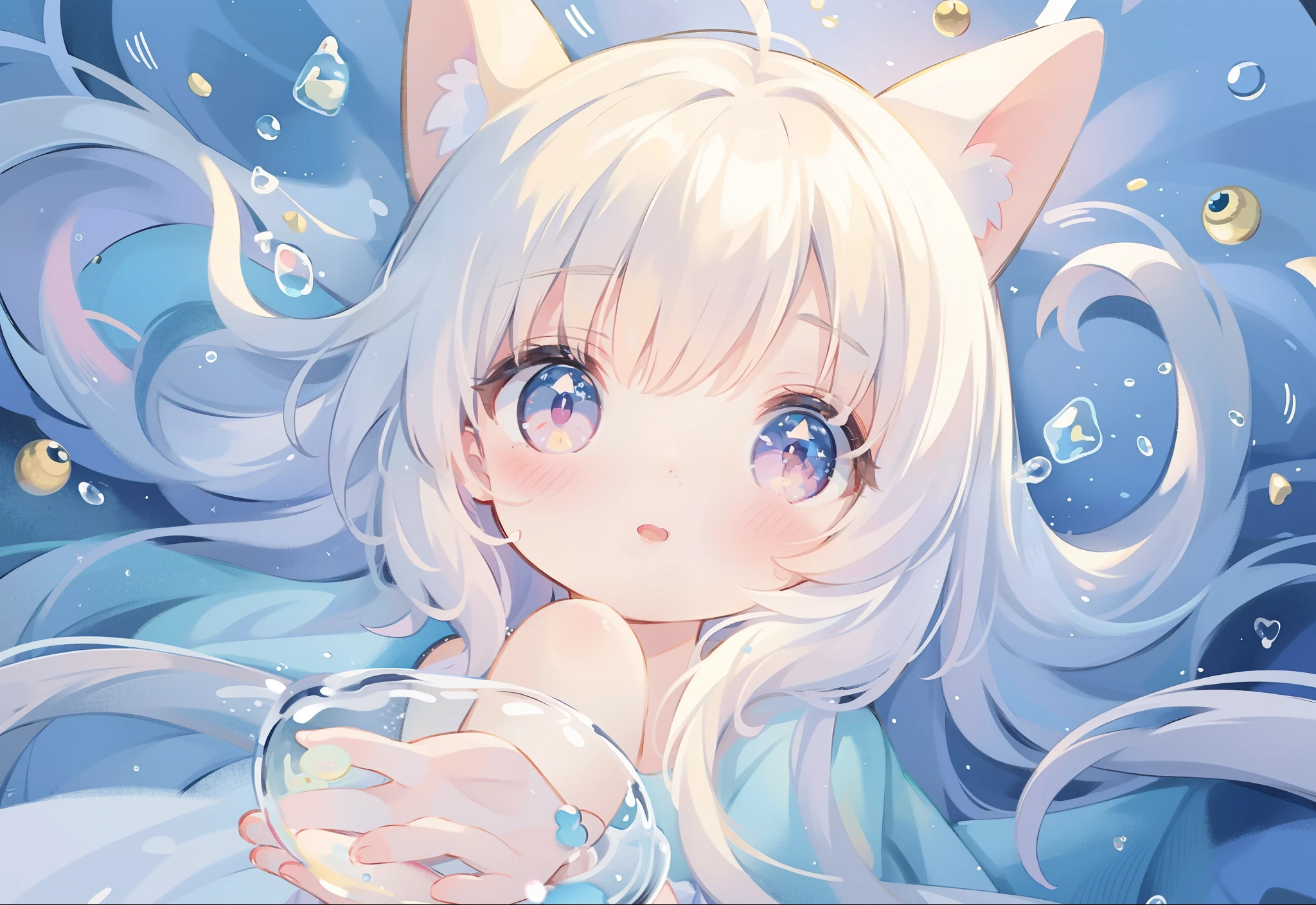 masterpiece, best quality, 8k resolution, sharp focus, intricate detail, beautiful girl, sparkling eyes, golden ratio face, otherworldly liquid, watercolor, pastel colors, bright colors, whimsical, colorful, sharp focus, high resolution, fine detail, liquid ballgown, ((round eyes))