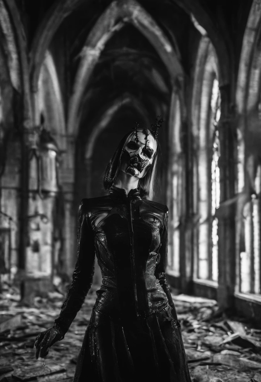 Woman dressed in latex posing for a photo in a dark abandoned church, fetish fashion, goth make-up, darksynth aesthetic, horror fashion, bizarre fashion, ultra detailed, masterpiece.